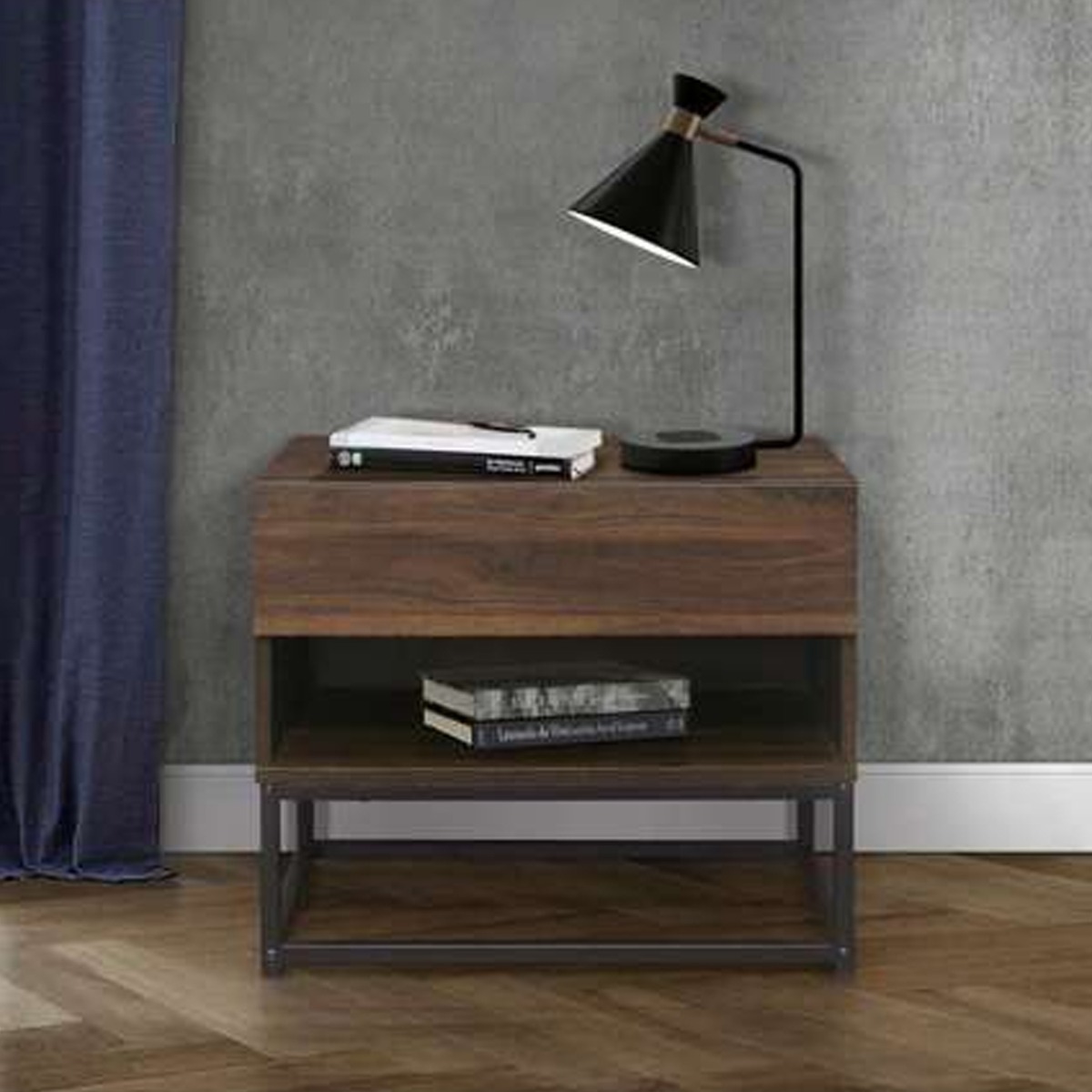 Bedside Table - METAL 1 Drawer Nightstand Navy Blue and Oak 60cm