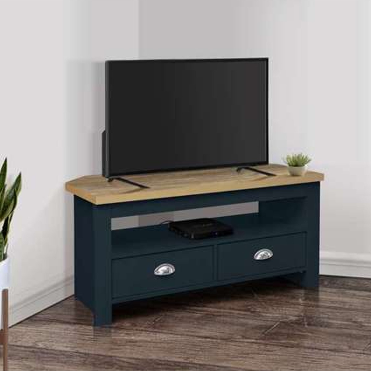 Modern Design Oak Top 2 Drawers Corner Tv Table - Navy Blue
