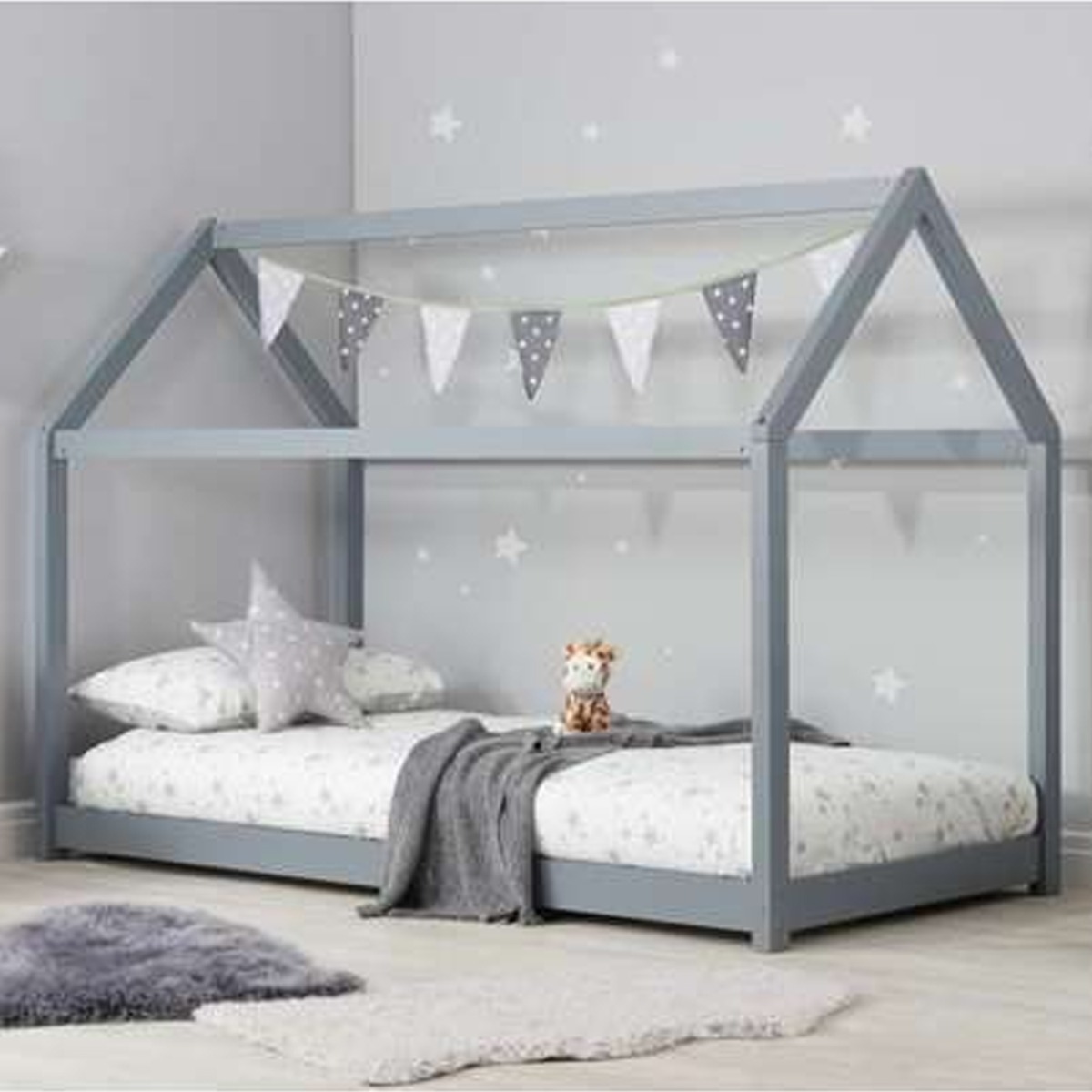 Solid Slatted Base Grey Wooden Kids House Bed - Single