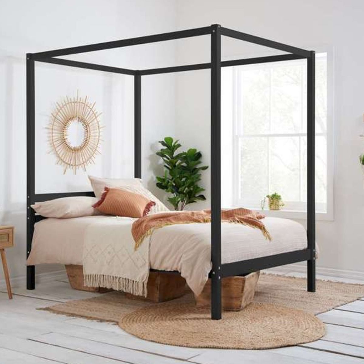 Solid Slatted Headboard Black Four Poster Bed - Kingsize 5ft