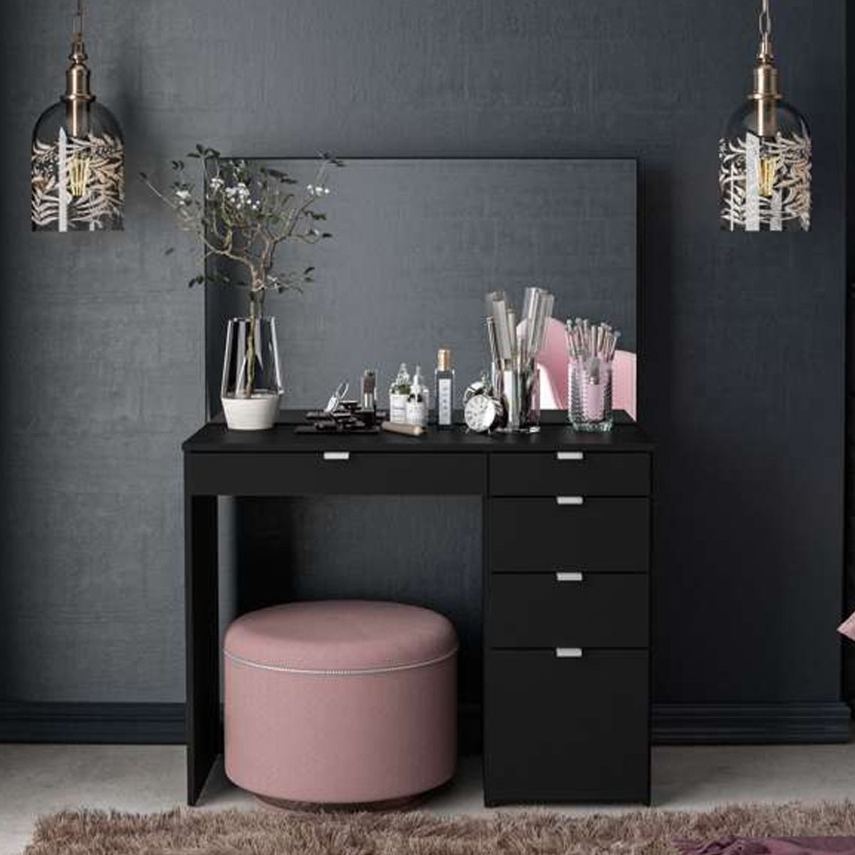 Dressing Table - SKOPJE 5 Drawer Dresser Black 97.2cm