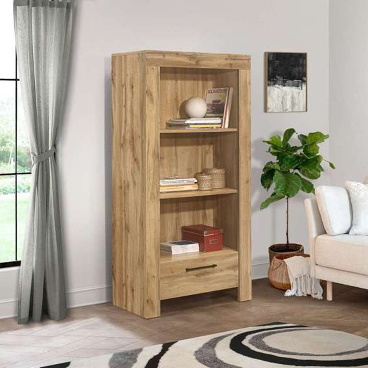 3 Large Shelves and Drawer Bookcase - Oak