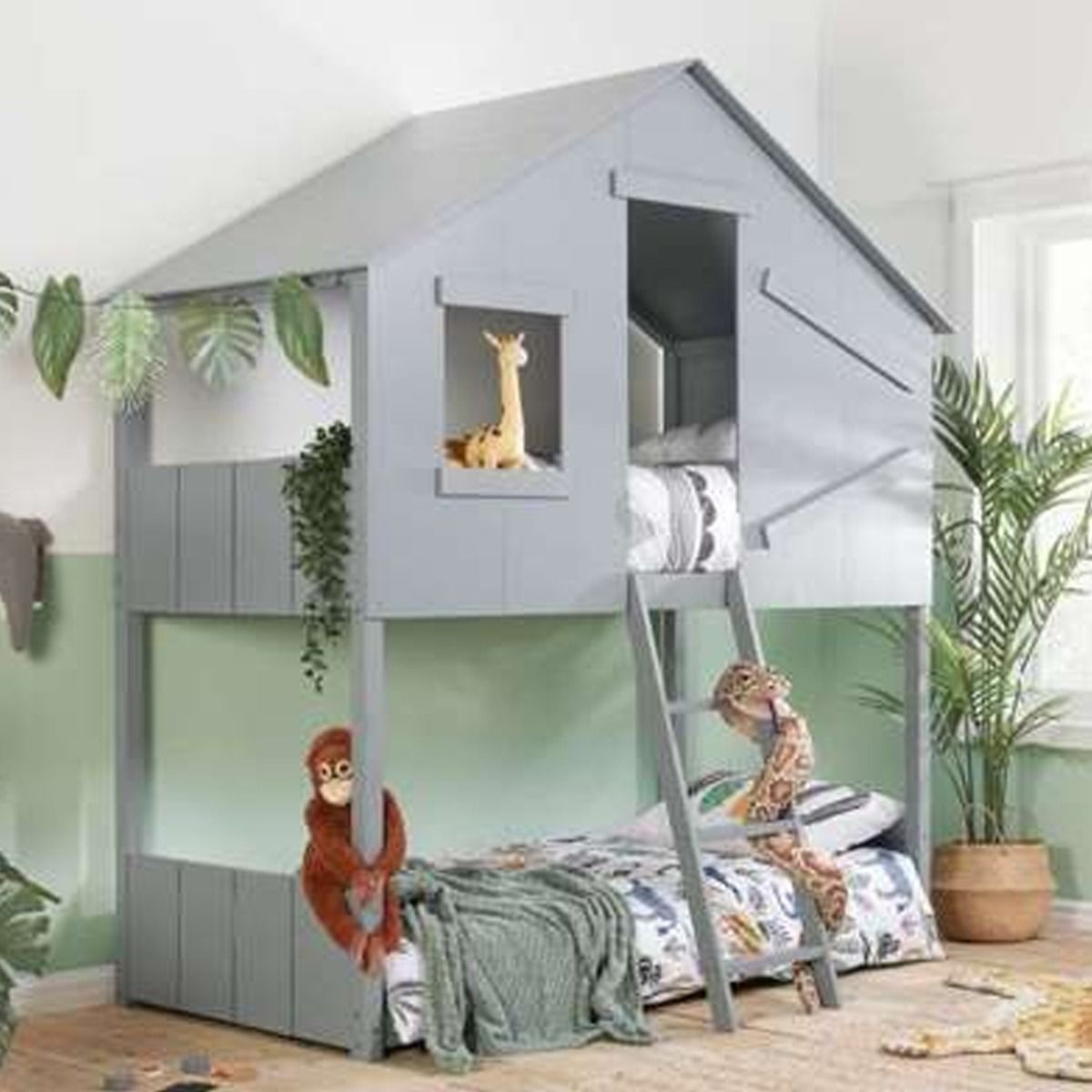 Country Style Wooden Frame Safari Kids Bunk Bed - Grey