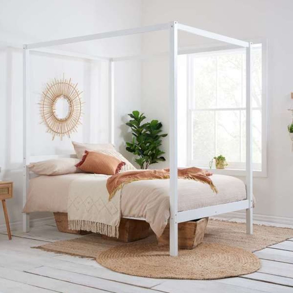 Solid Slatted Headboard White Four Poster Bed - Standard Double 4ft6