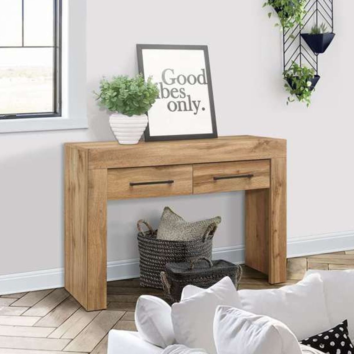 Solid Wood 2 Drawers Console Table - Oak