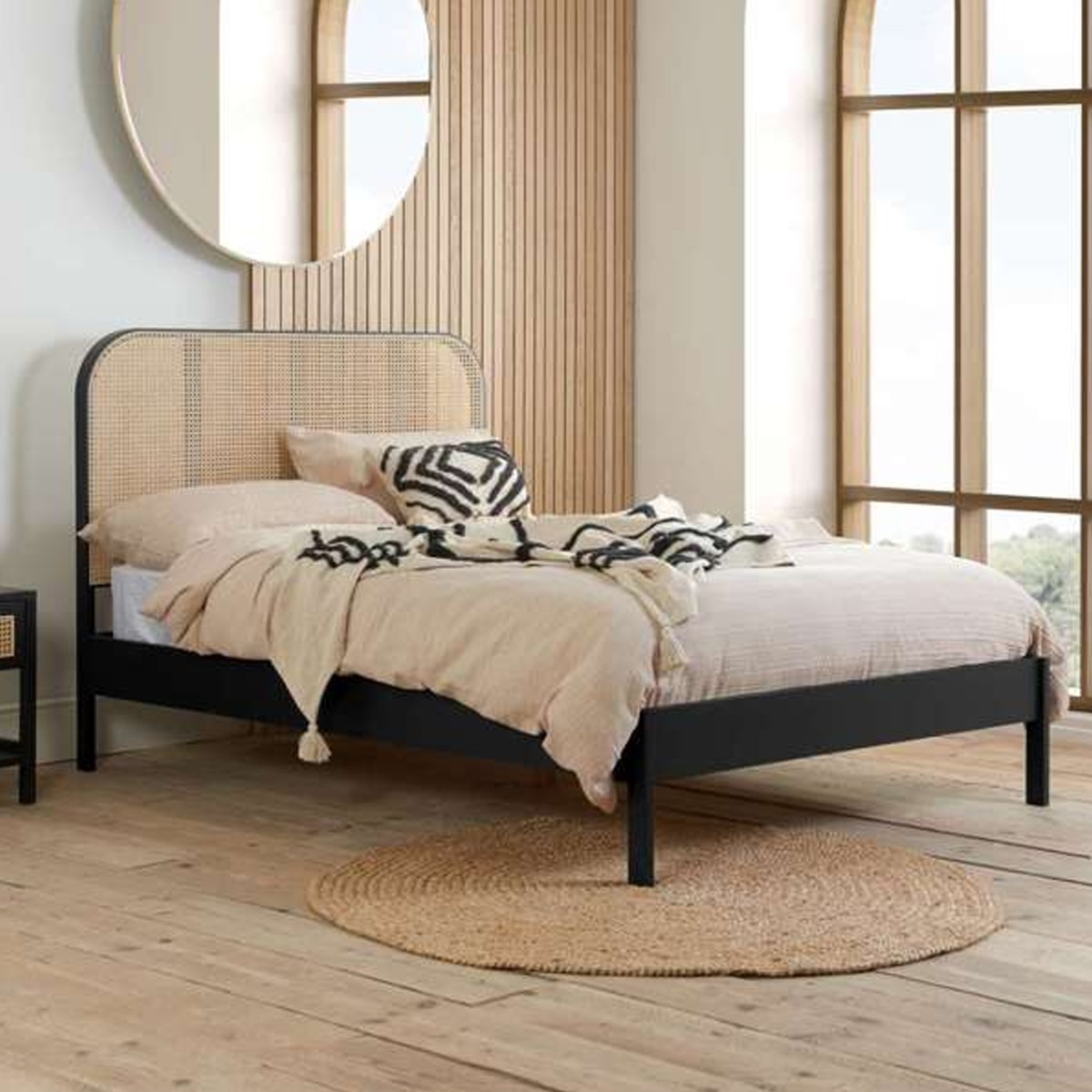 Rattan Curved Headboard Styled Solid Slats Black Bed - Super Kingsize 6ft