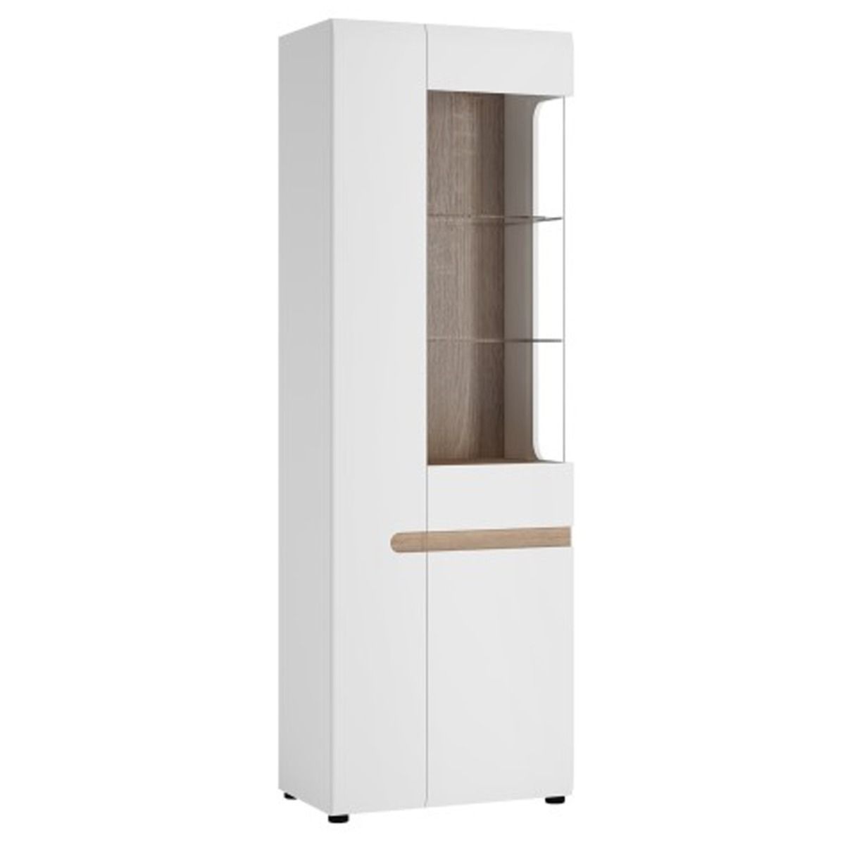 Stanley Tall Glazed Narrow Display Unit - White with Truffle Oak
