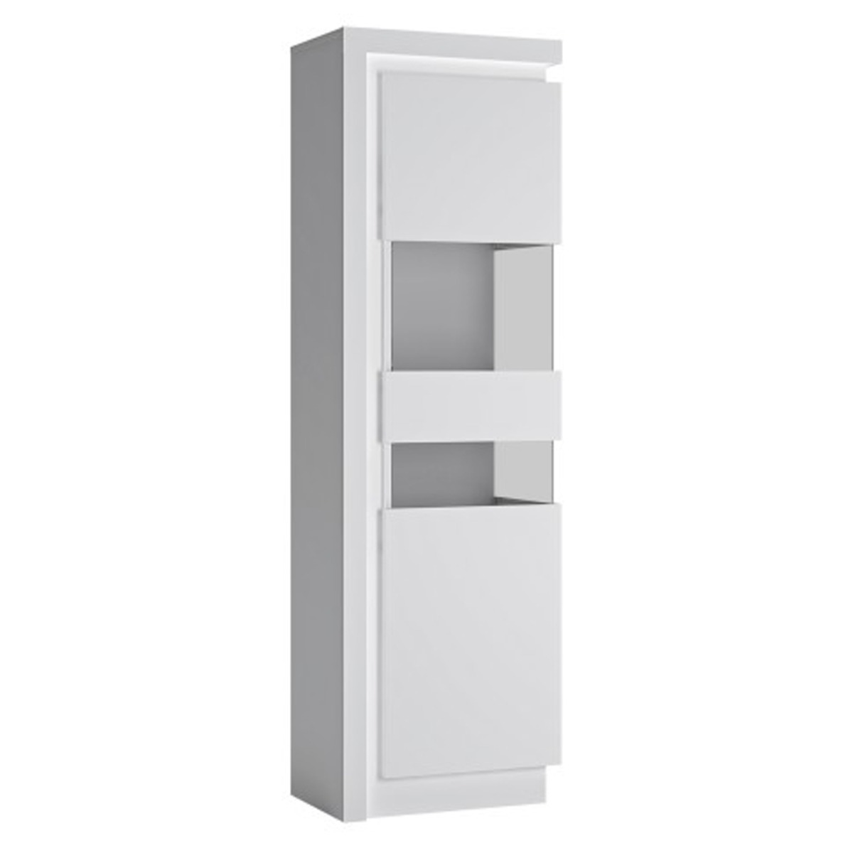 Newry High Gloss Right Hand Tall Narrow Display Cabinet With LED Lights - White