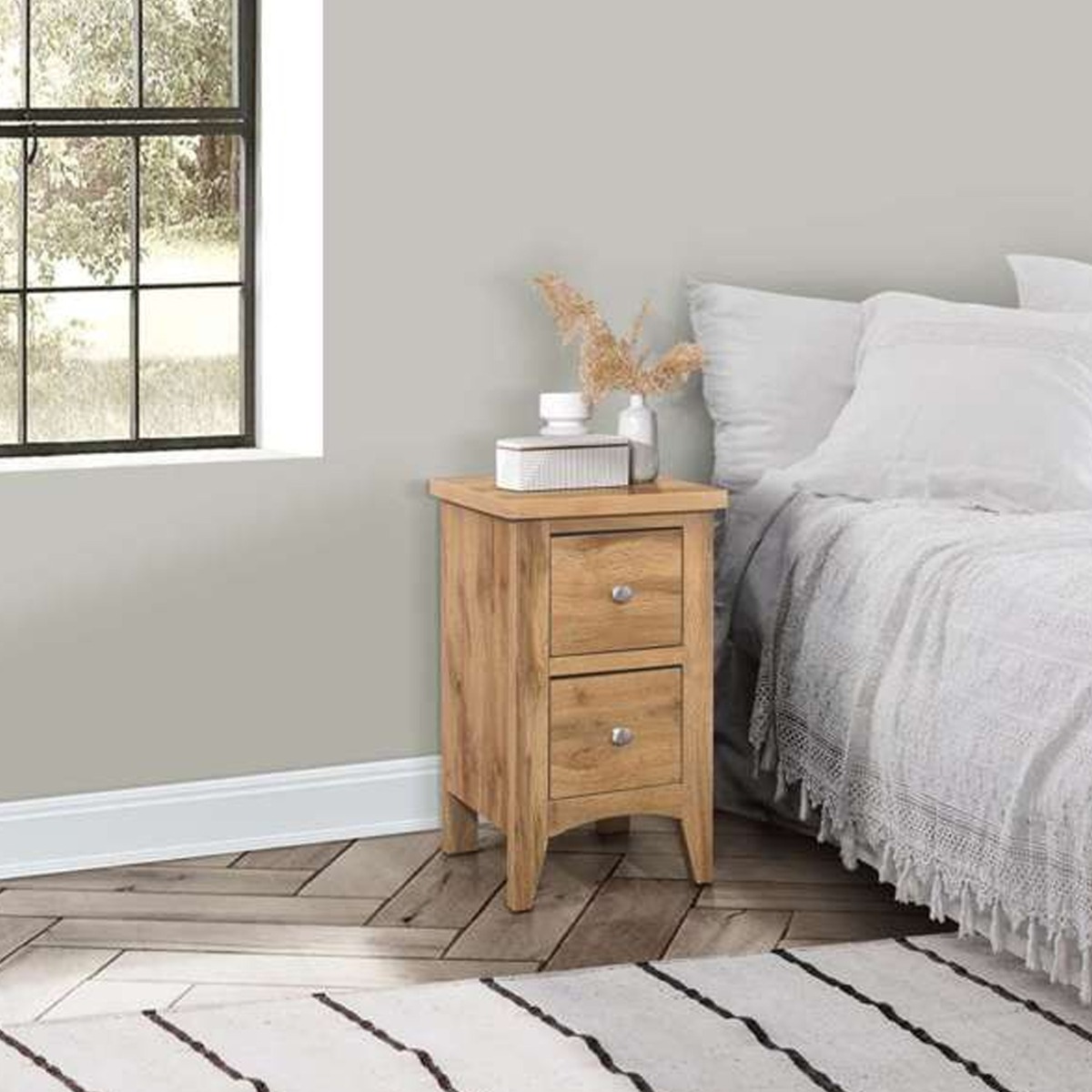 Bedside Table - CROMER 2 Drawer Nightstand Oak 35cm