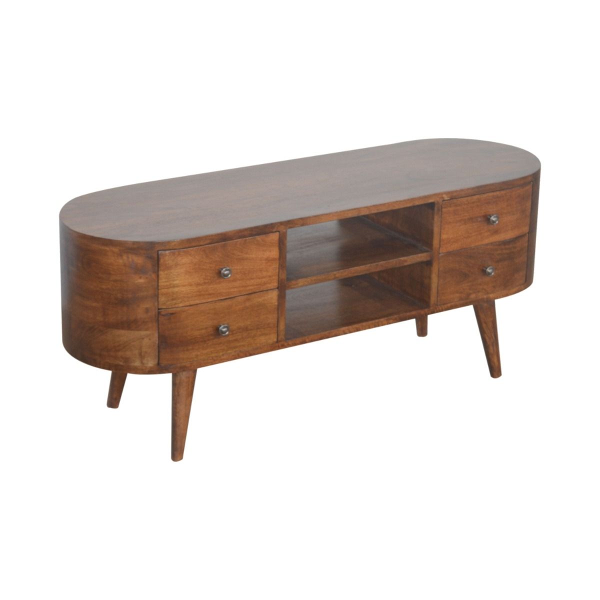 Solid Wood Round Curved 4 Drawers Tv Stand Unit with Open Slots - Chestnut