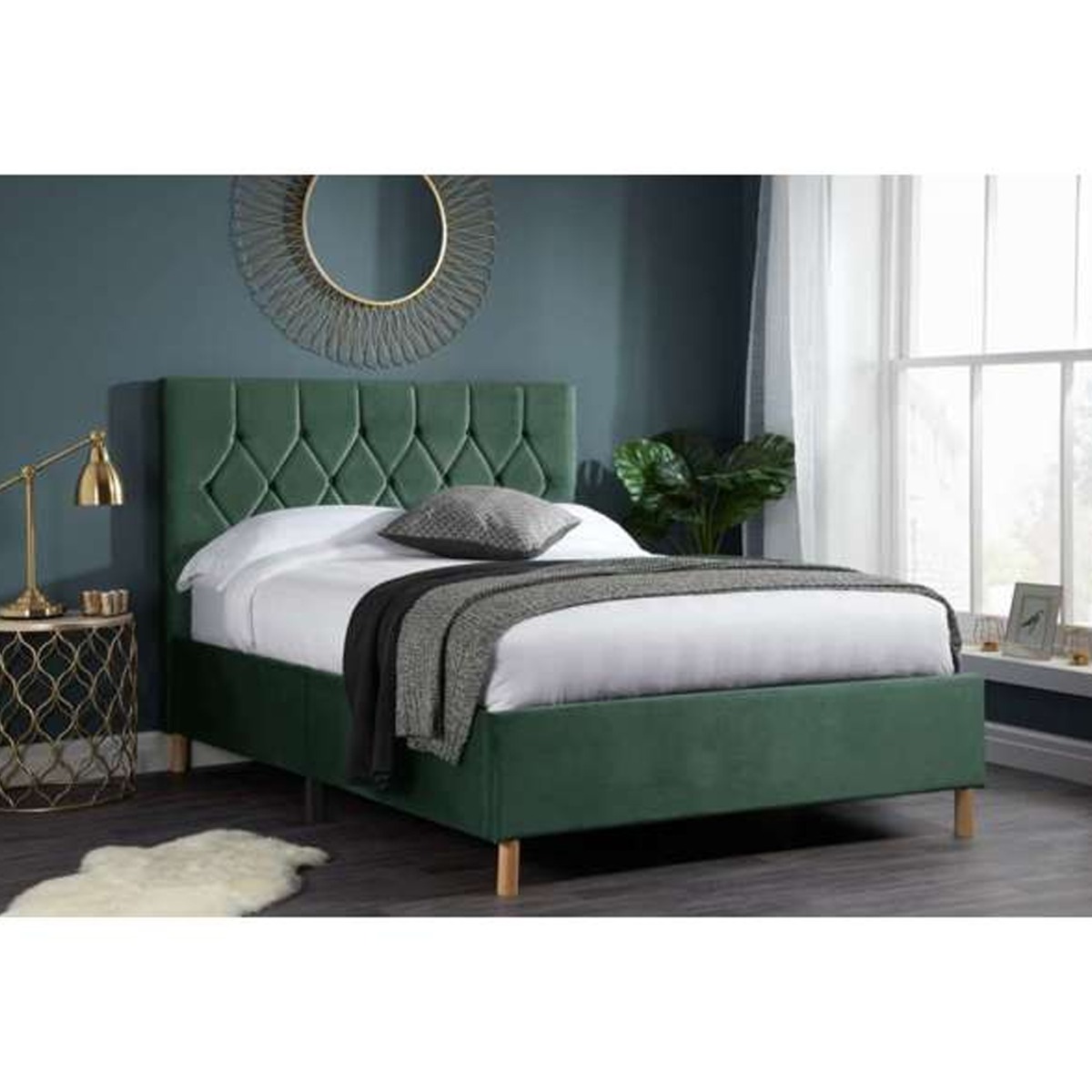 Loxley Modern Upholstered Green Fabric Bed - Kingsize 5ft