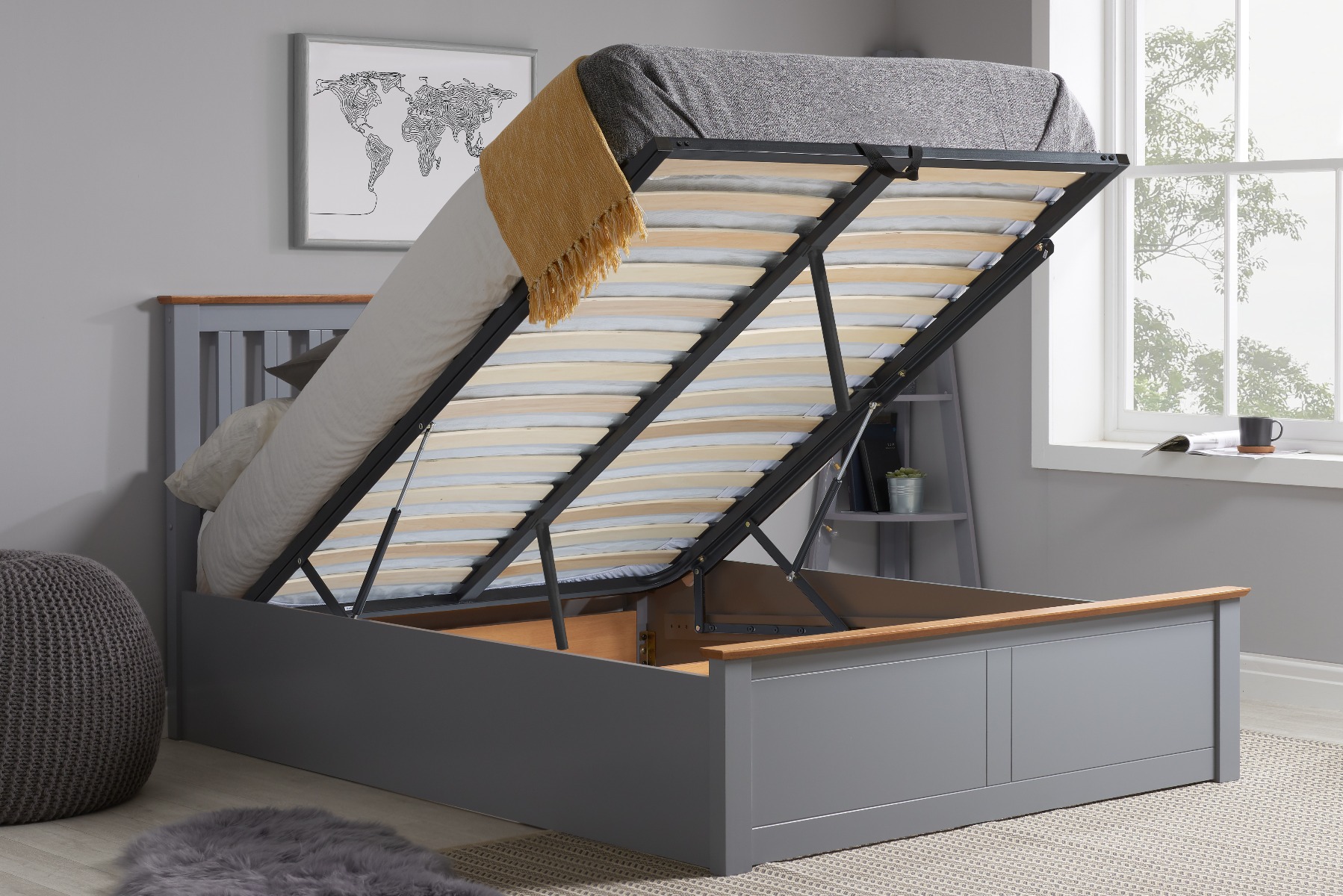 Phoenix Wooden Ottoman Storage Stone Grey Bed - Small Double 4ft