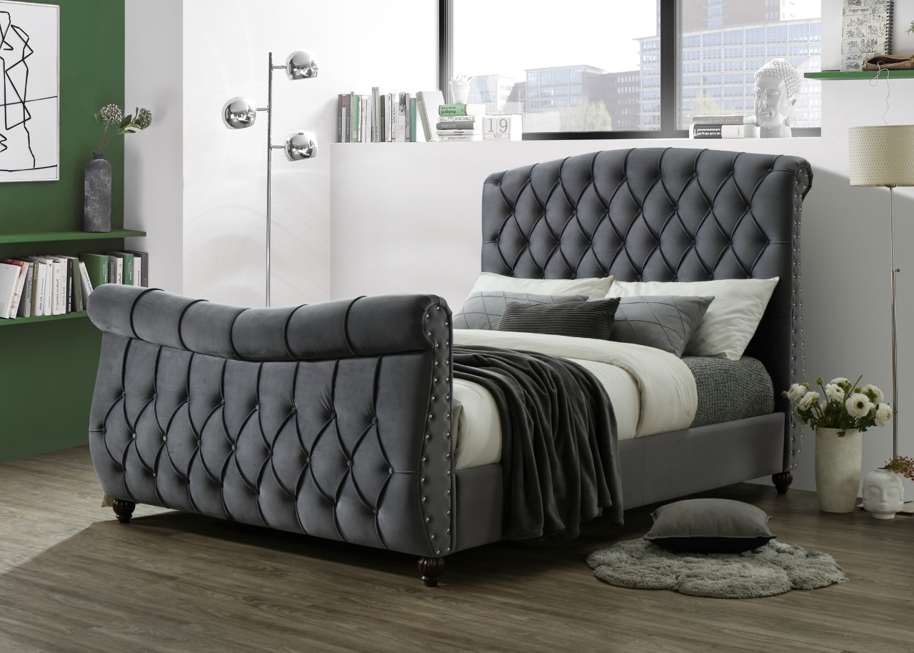 Sareer Lachelle Luxury Dark Grey Velvet Bed - Double 4ft6