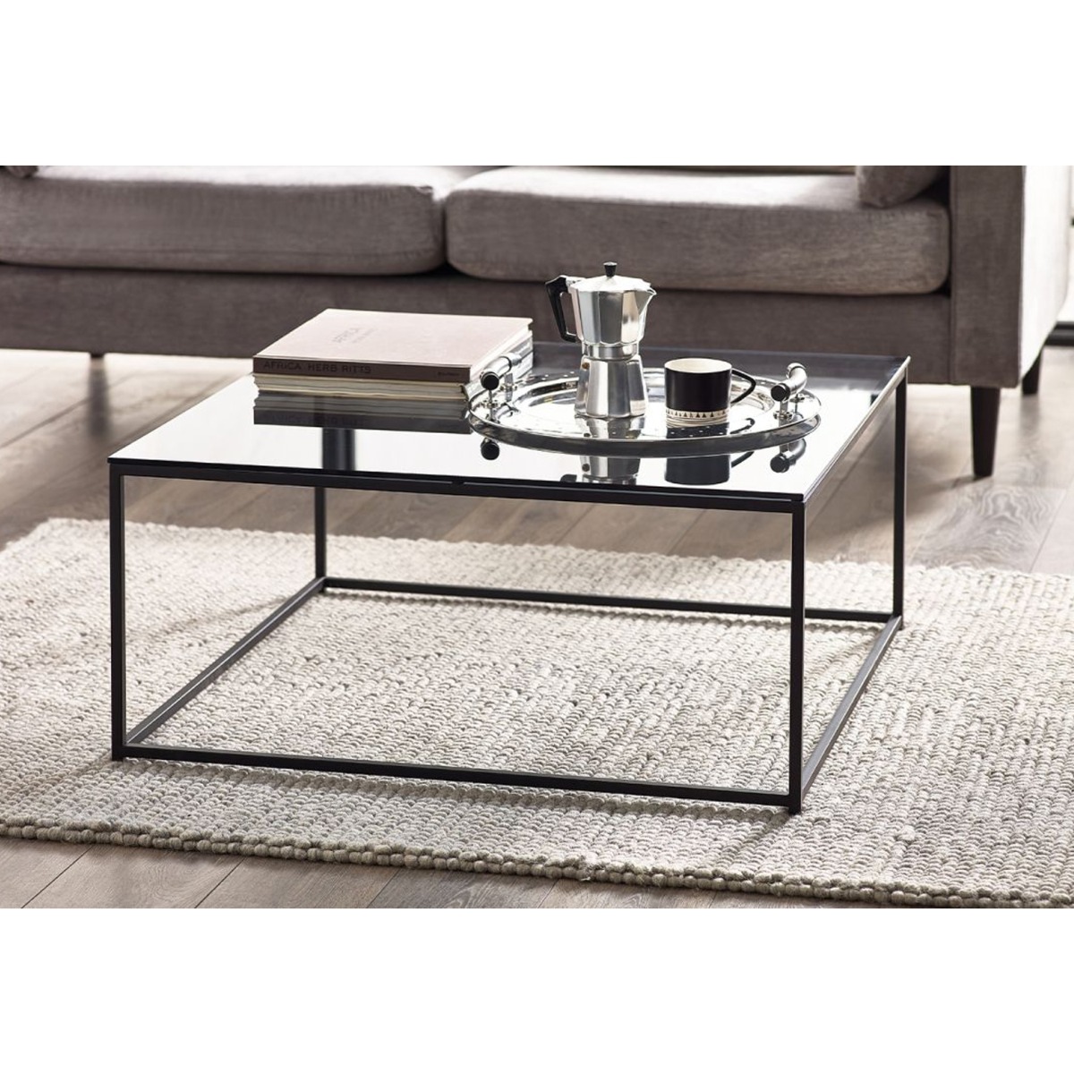 Black Frame Chicago Square Coffee Table - Smoked Glass