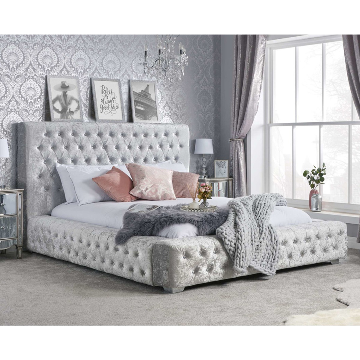 Grande Steel Crush Velvet Fabric Buttoned Headboard Upholstered Bed - Kingsize 5ft