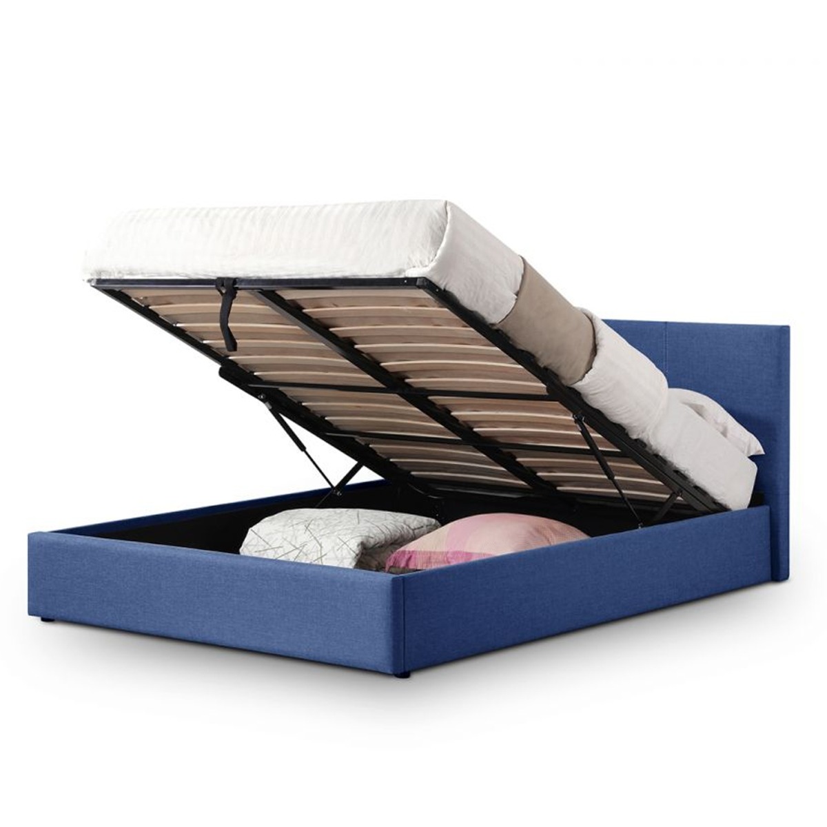 Rialto Dark Blue Linen Fabric Lift-Up Storage Bed - Double