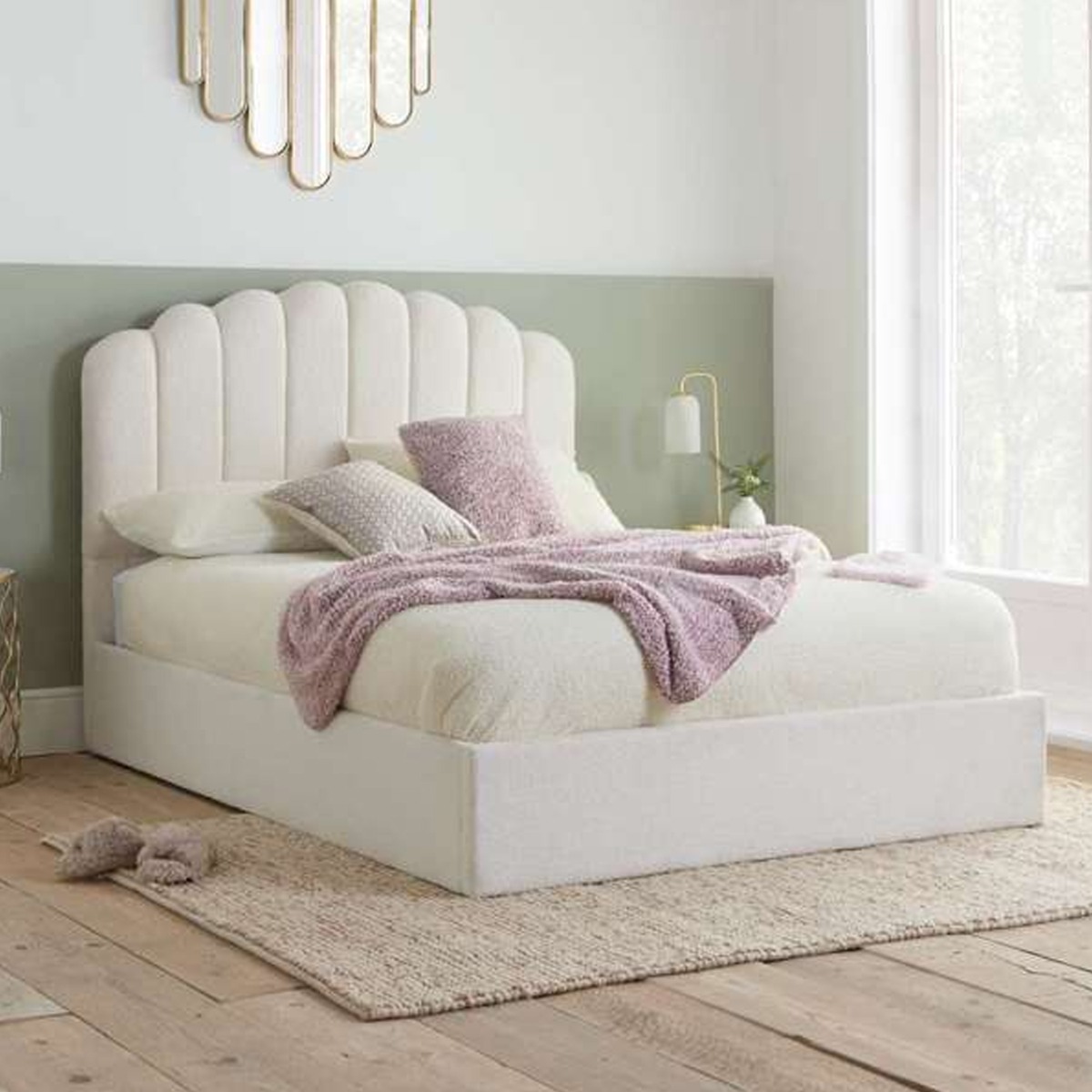 Monaco Fan Shaped Headboard White Fabric Ottoman Bed - Standard Double 4ft6