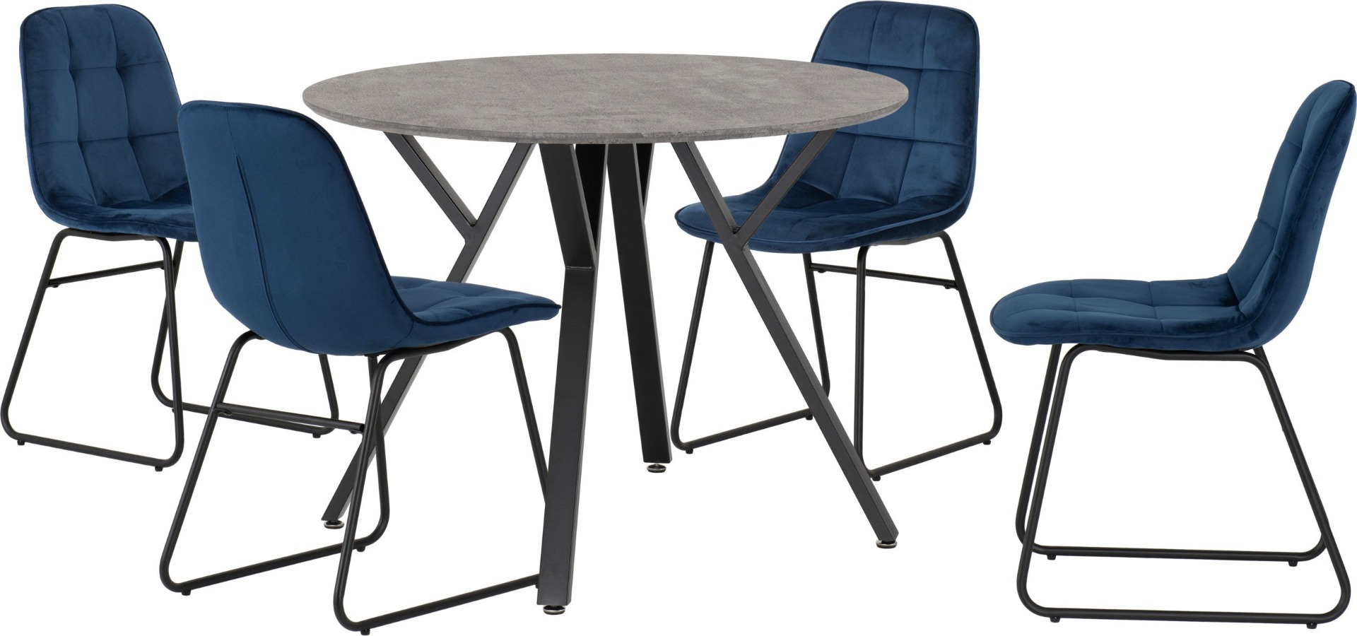 Athens Round Dining Set with Lukas Chairs - Concrete Effect Black Sapphire Blue Velvet