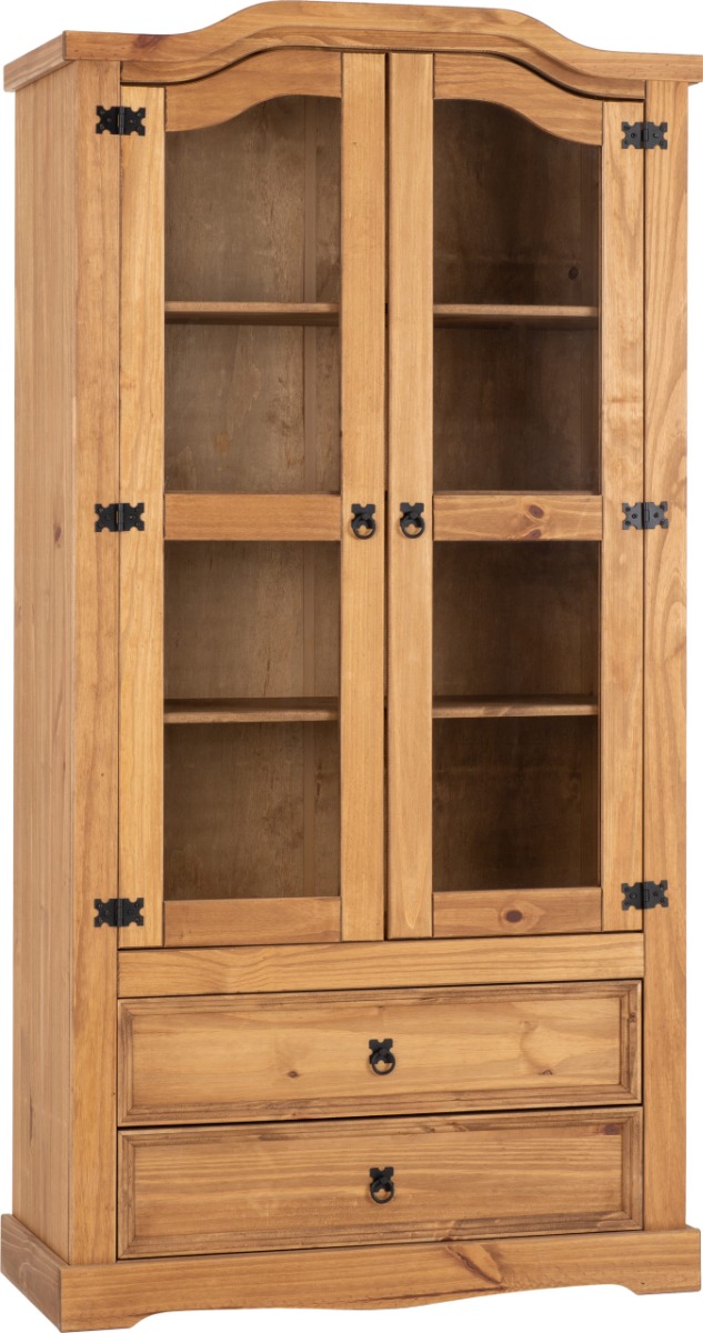 Corona 2 Door 2 Drawer Glass Display Unit - Distressed Waxed Pine Clear Glass