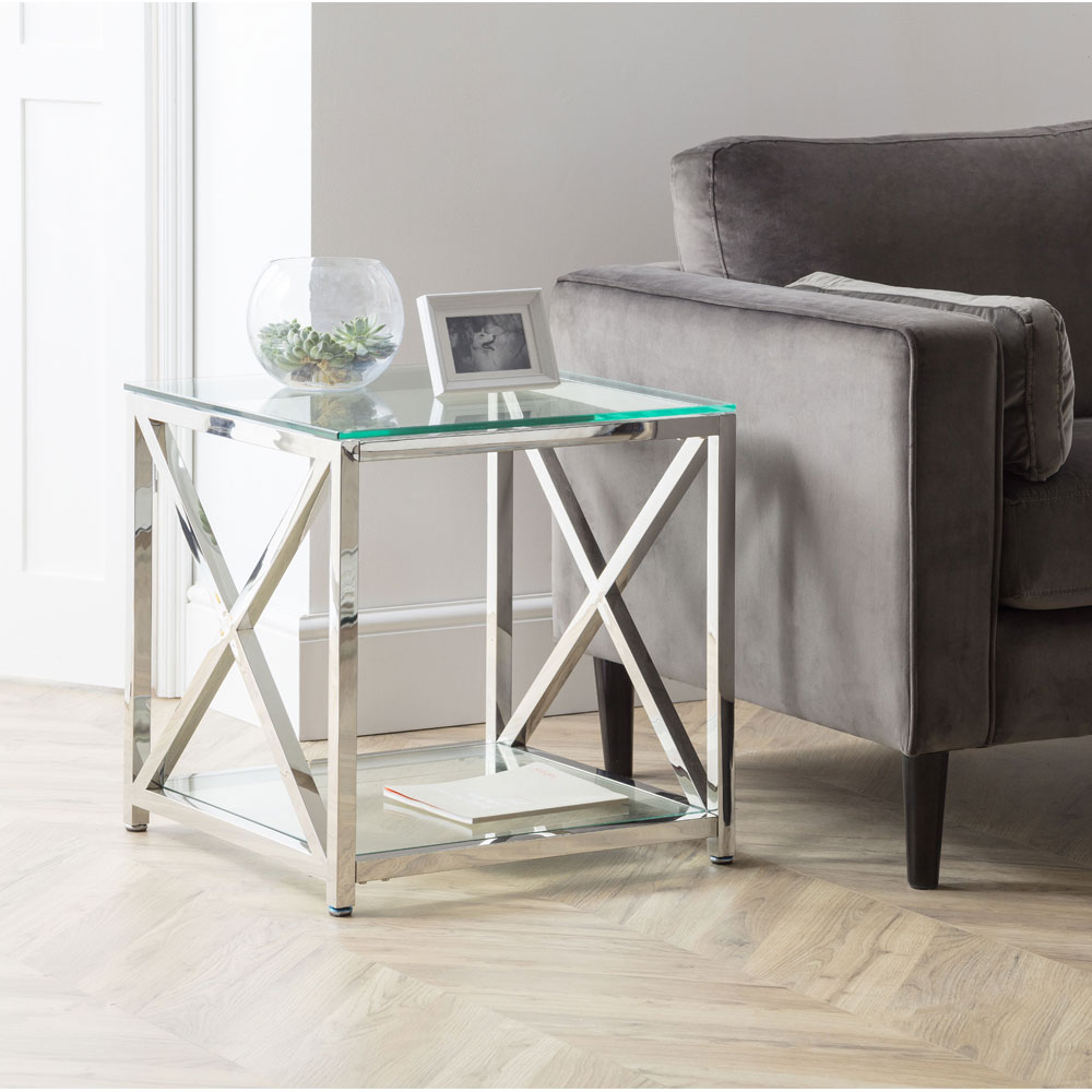 Miami Stylish Cross Frame Design Side End Table - Tempered Glass