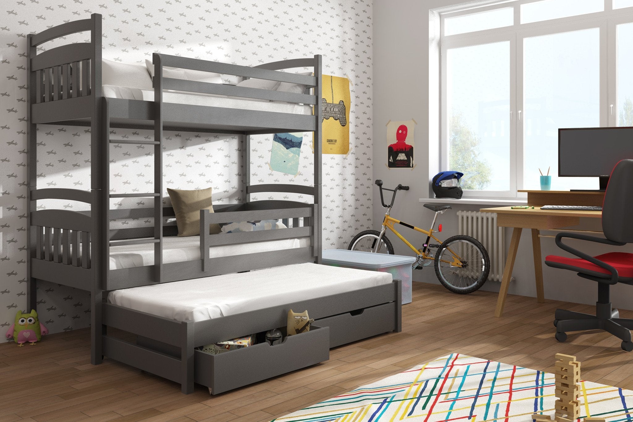 Wooden 2 Drawers Storage Bunk Bed Elana with Trundle - Graphite