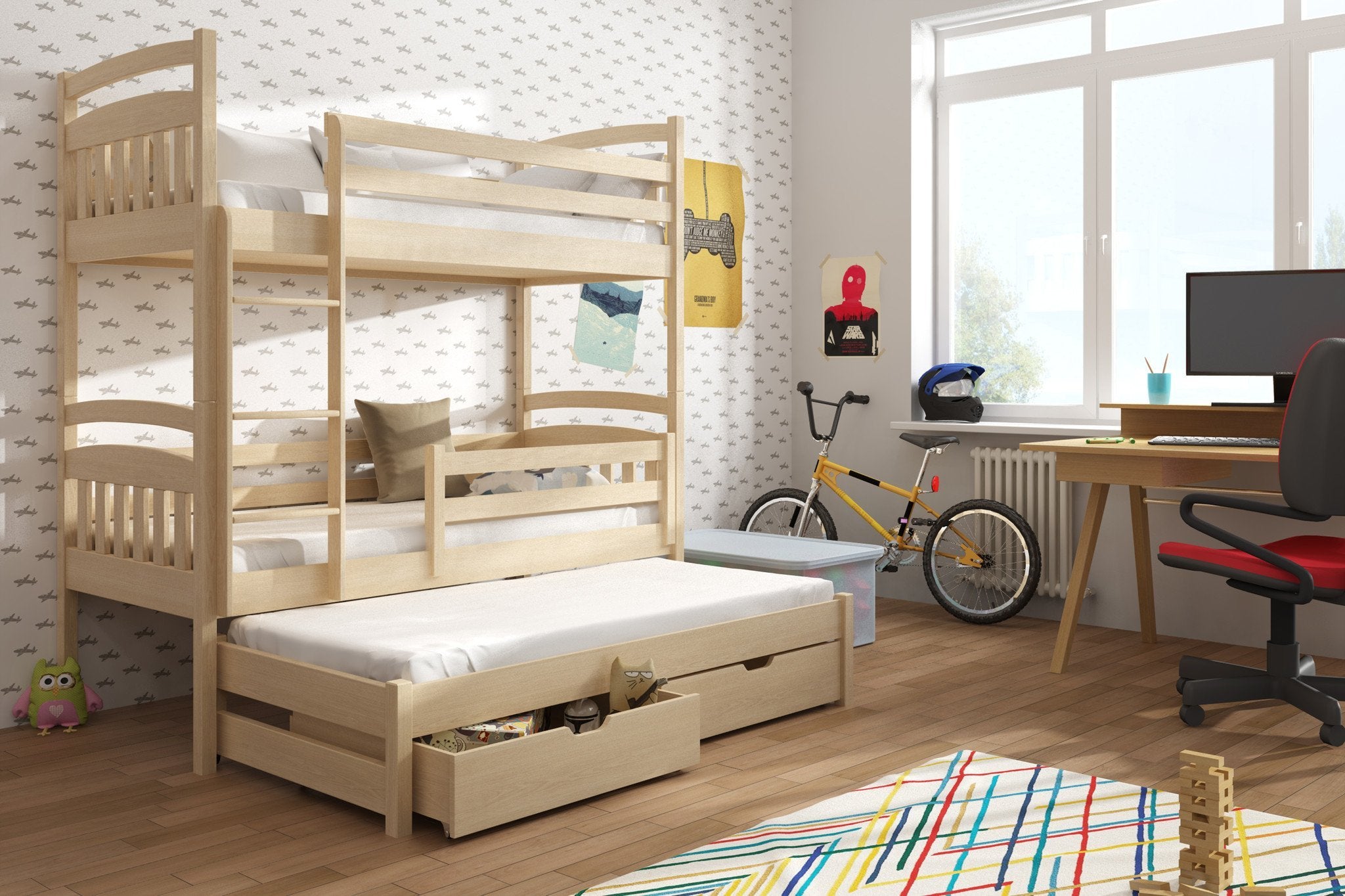 Wooden 2 Drawers Storage Bunk Bed Elana with Trundle - Pine