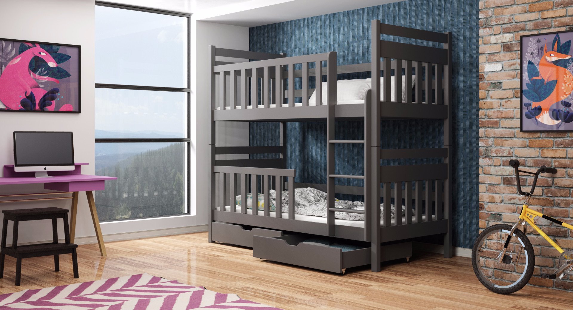 Montreal Wooden Bunk Bed with 2 Drawers Storage and Foam Mattress - Graphite