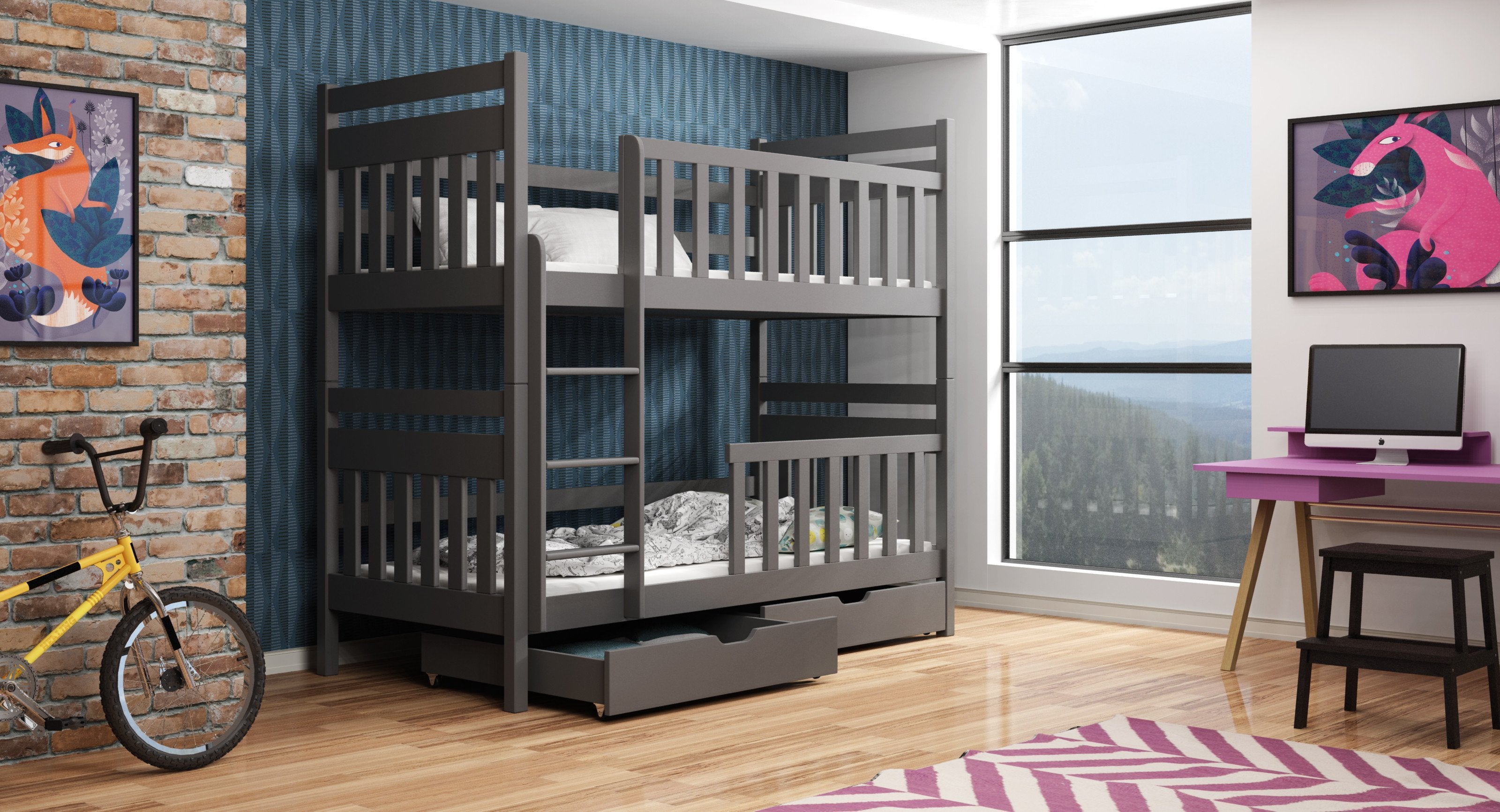 Montreal Wooden Bunk Bed with 2 Drawers Storage - Graphite