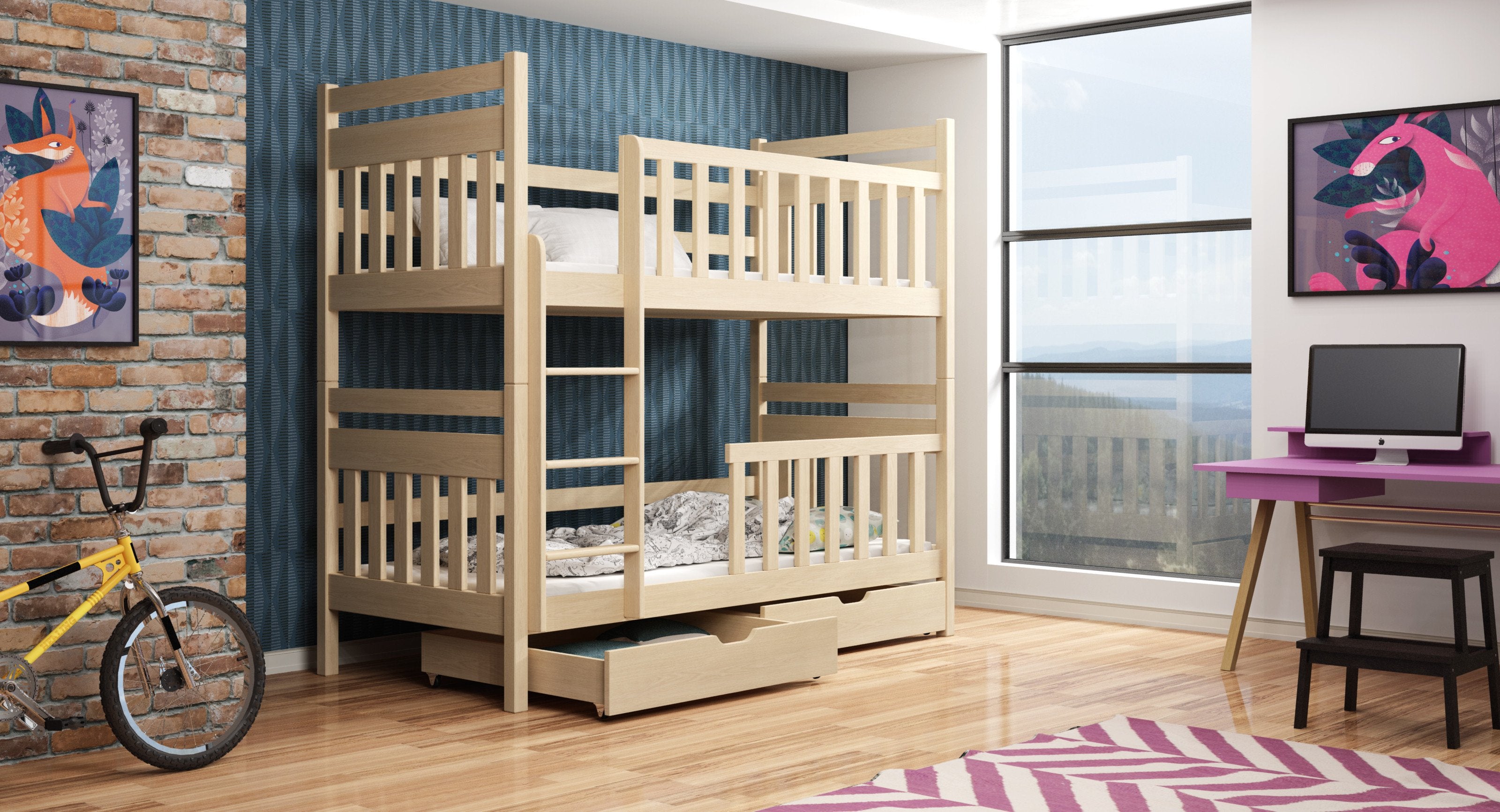 Montreal Wooden Bunk Bed with 2 Drawers Storage - Pine