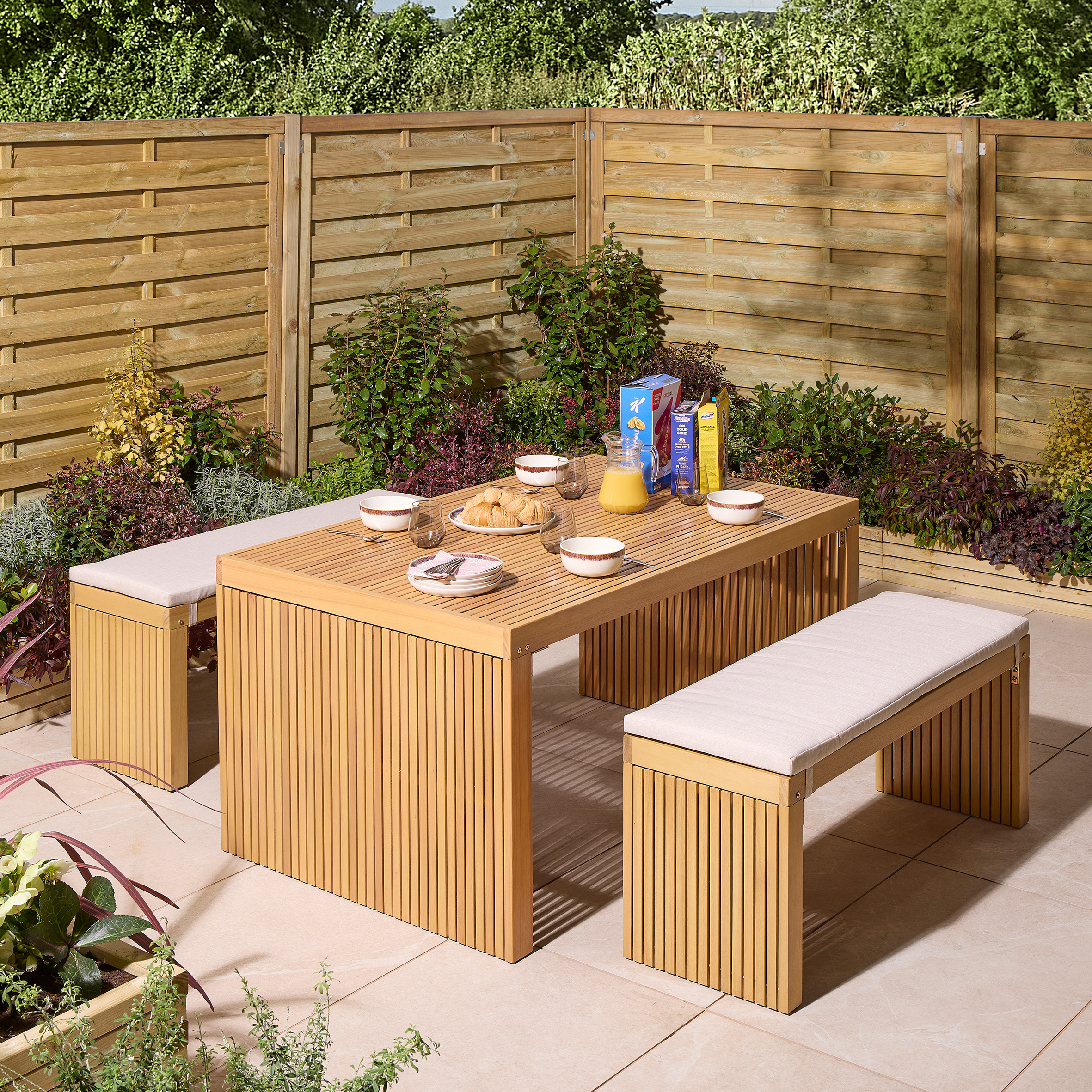 CLOVETT Garden 4 Seater Table and Bench Set - Oak Finish