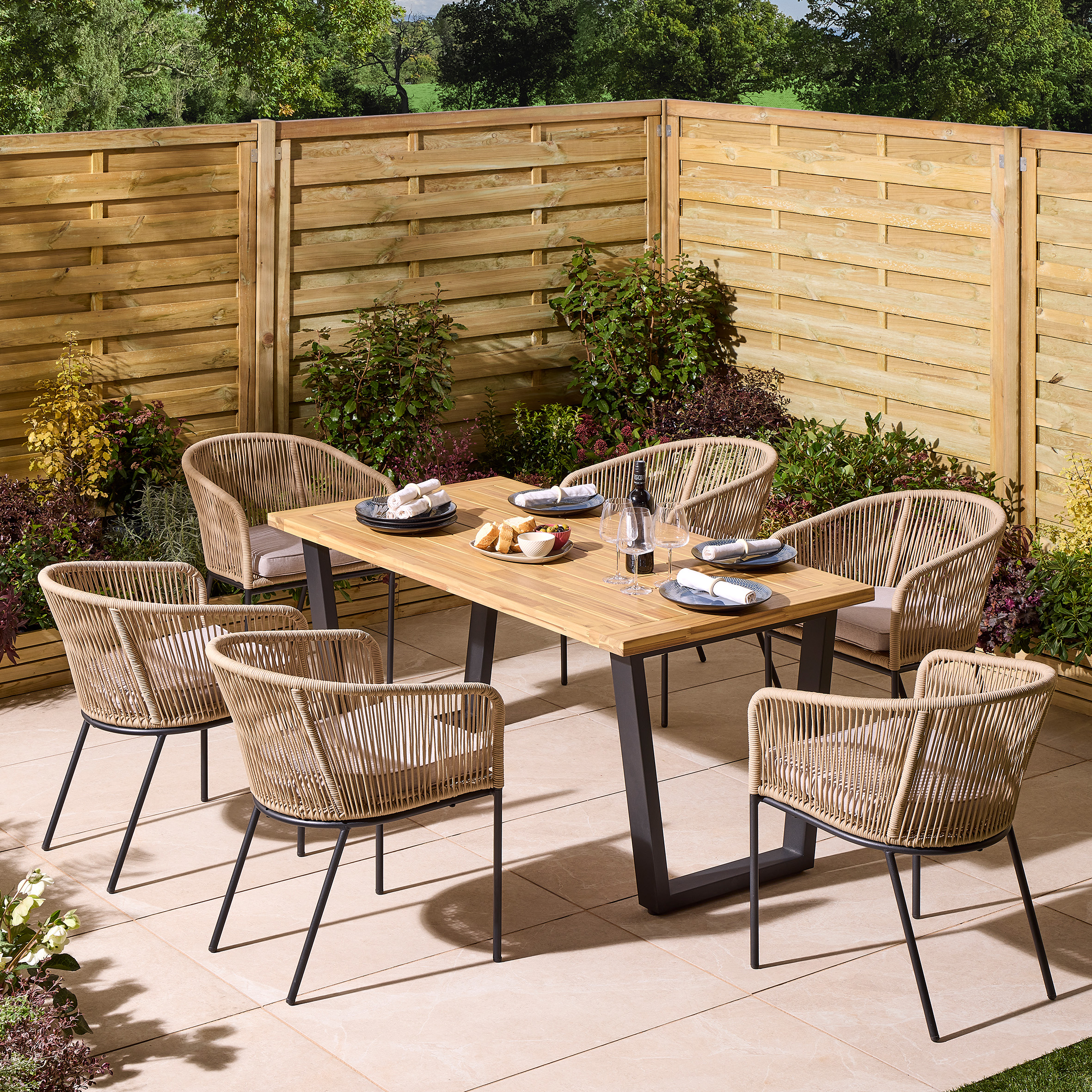 HARROWIN Garden 6 Seater Table and Chair Set, 160cm - Oak Finish