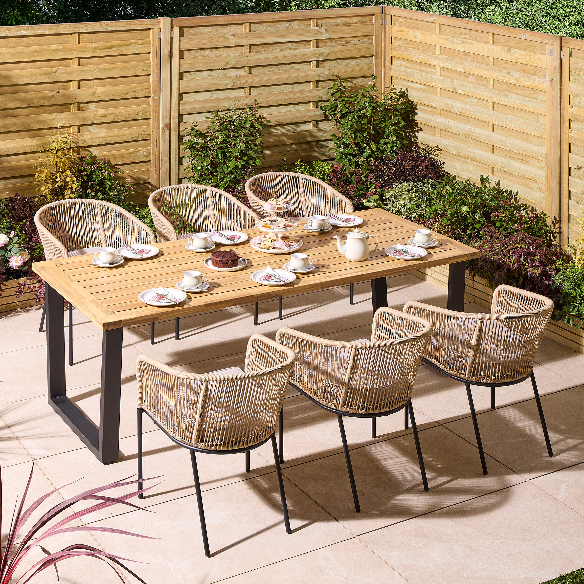 HARROWIN Garden 6 Seater Table and Chair Set, 210cm - Oak Finish