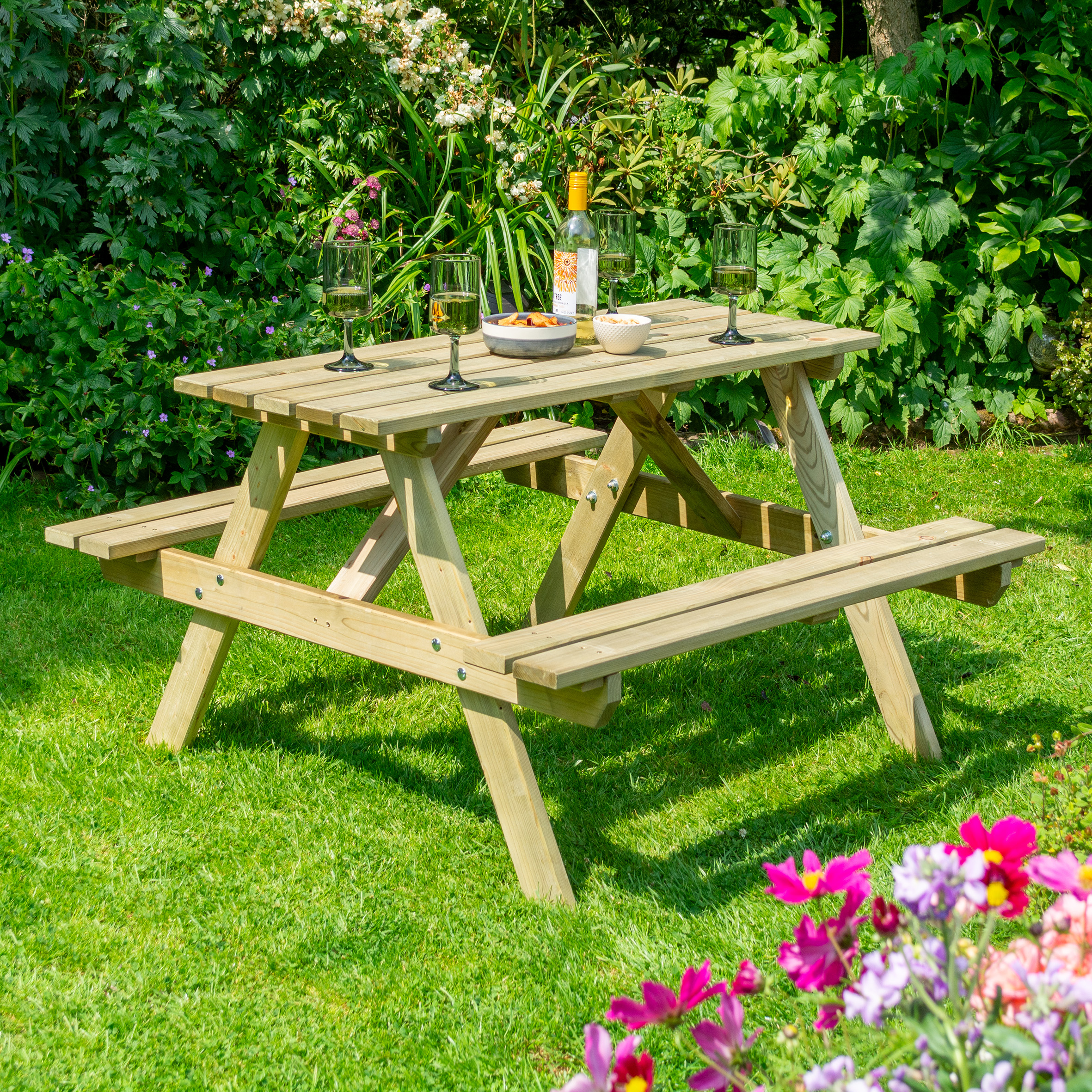 FENSWICK Garden Picnic Table and Bench Set, 120cm - Oak Finish