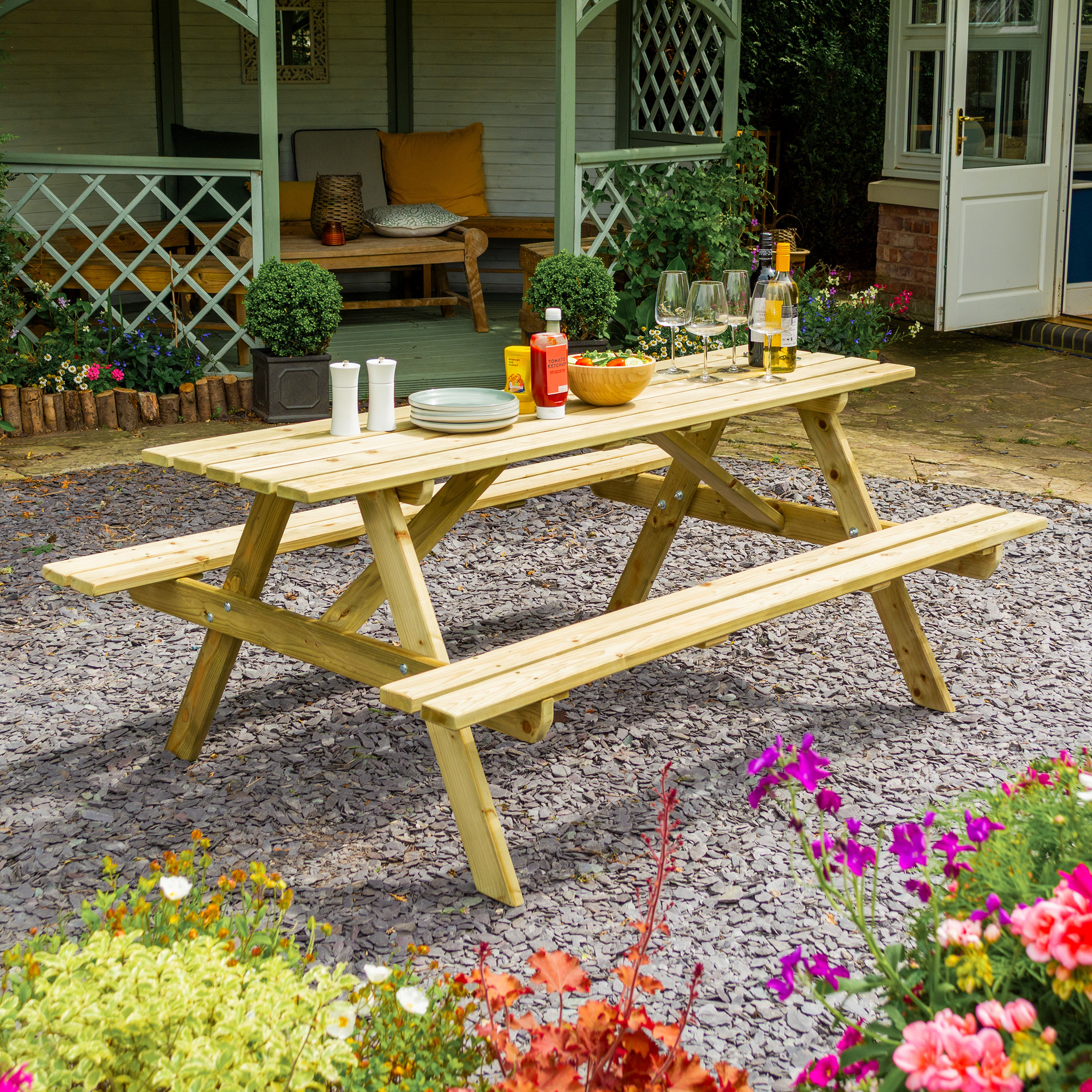 FENSWICK Garden Picnic Table and Bench Set, 180cm - Oak Finish