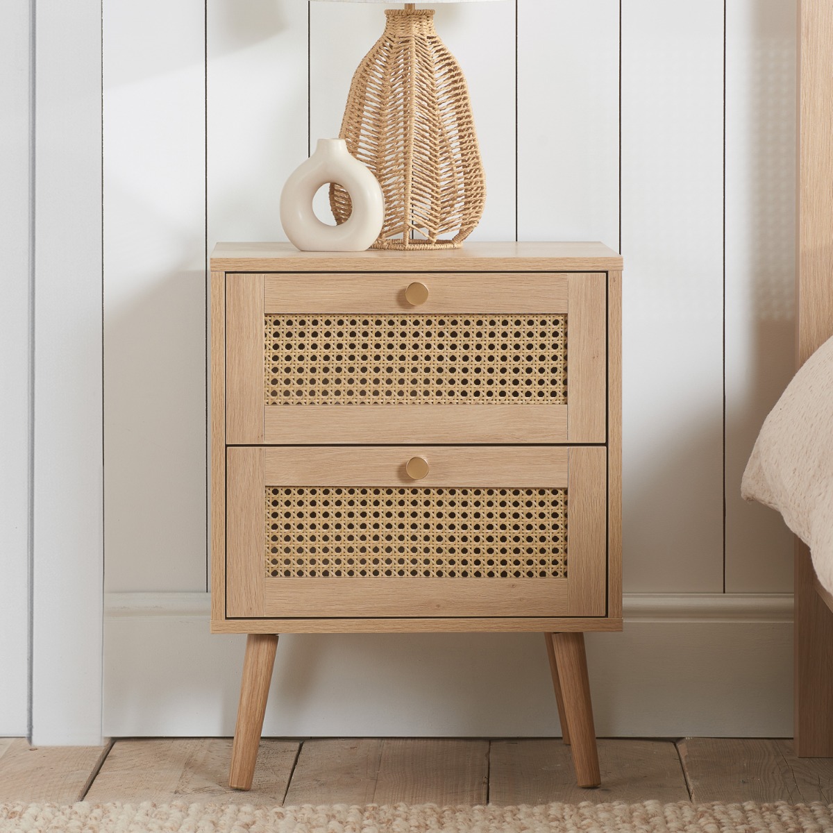 Bedside Table - CROXLEY 2 Drawer Nightstand Oak 34cm