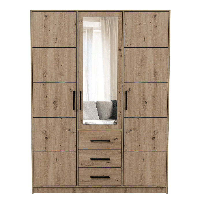 AVERTON 3 Door Mirrored Wardrobe with 3 Drawers Medium Oak - 149cm