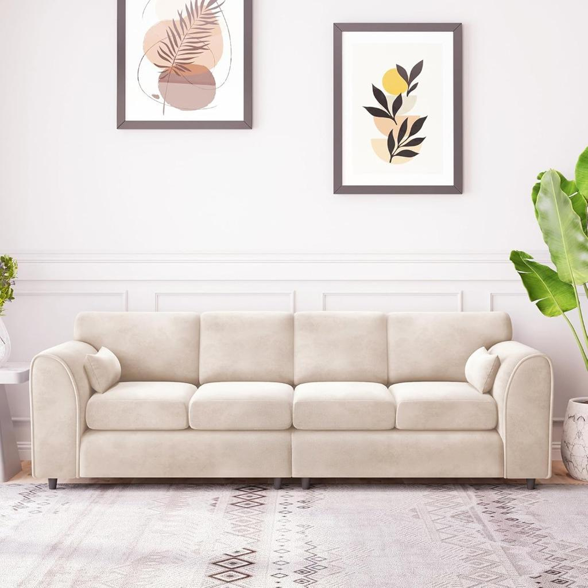 DELANO Plush Velvet 4 Seater Fullback Sofa - Cream