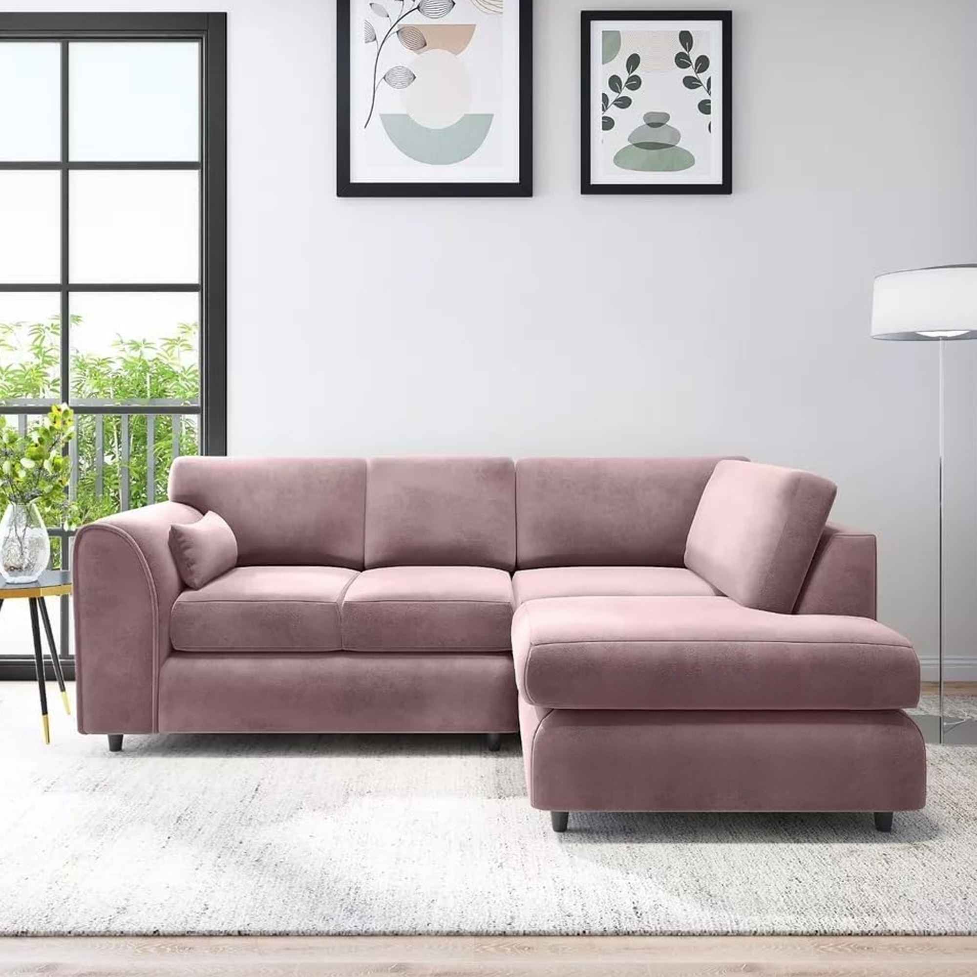DELANO Plush Velvet 4 Seater Fullback Corner Sofa - L Shaped - Right Hand Facing - Pink