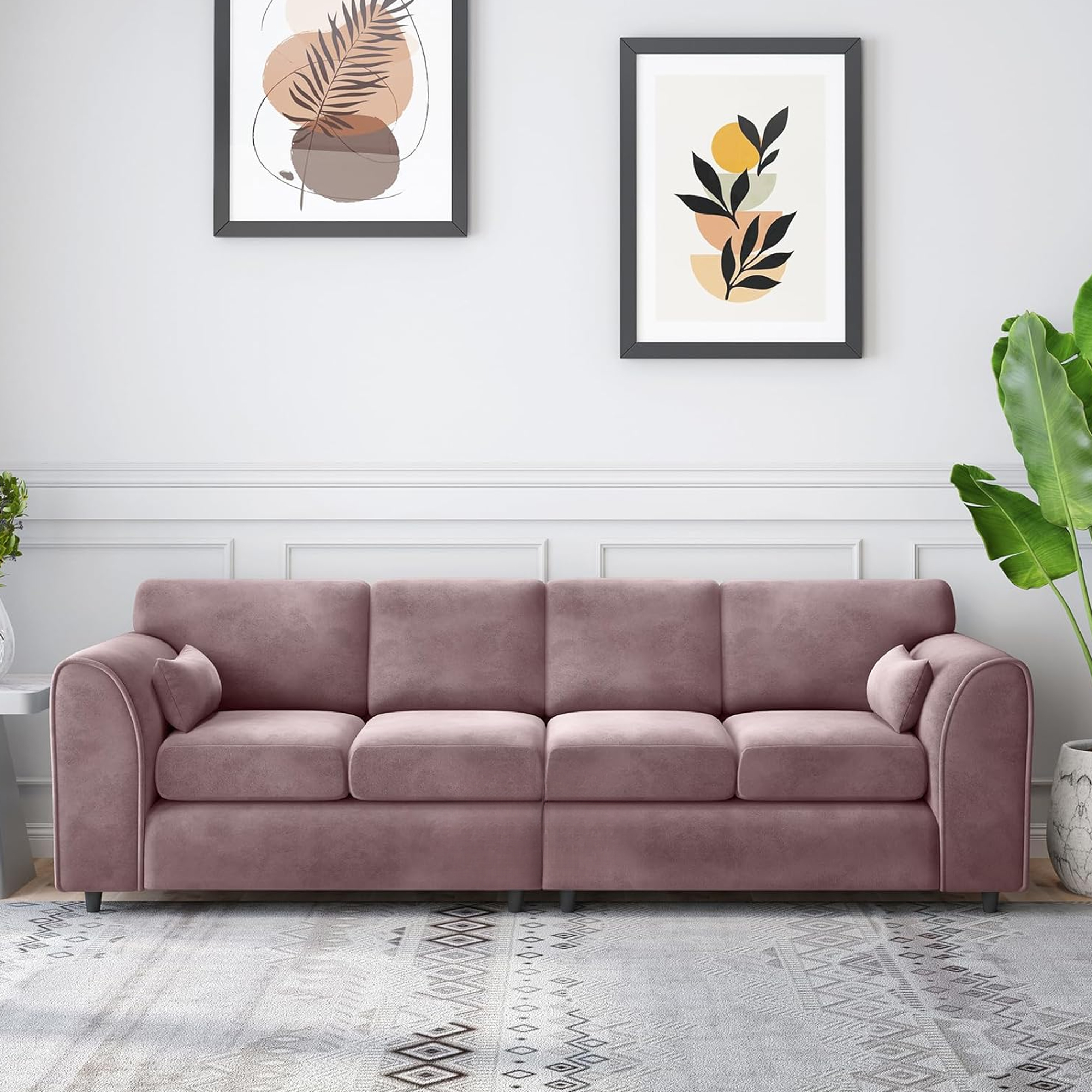 DELANO Plush Velvet 4 Seater Fullback Sofa - Pink