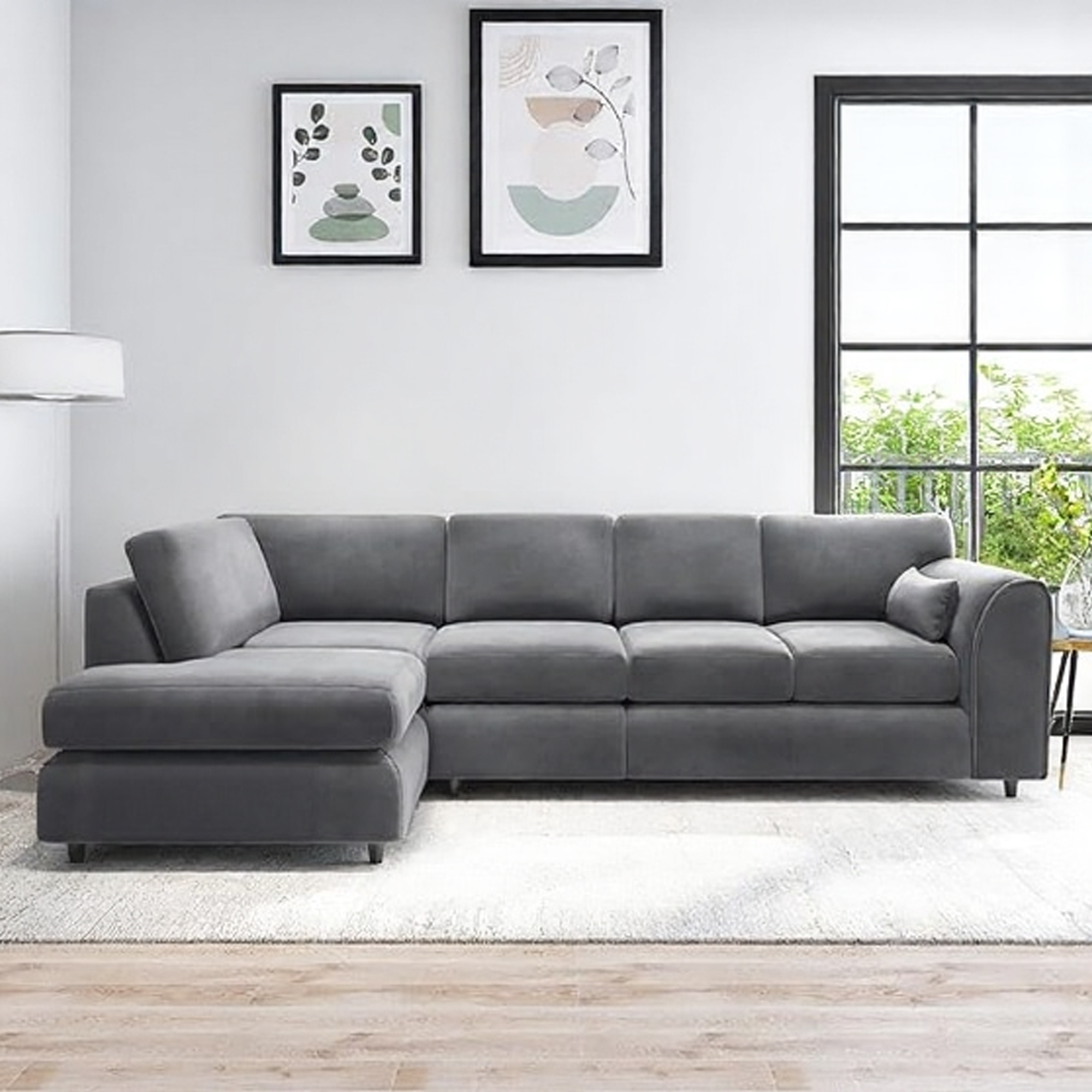 DELANO Plush Velvet Large 5 Seater Fullback Corner Sofa - L Shaped - Left Hand Facing - Dark Grey