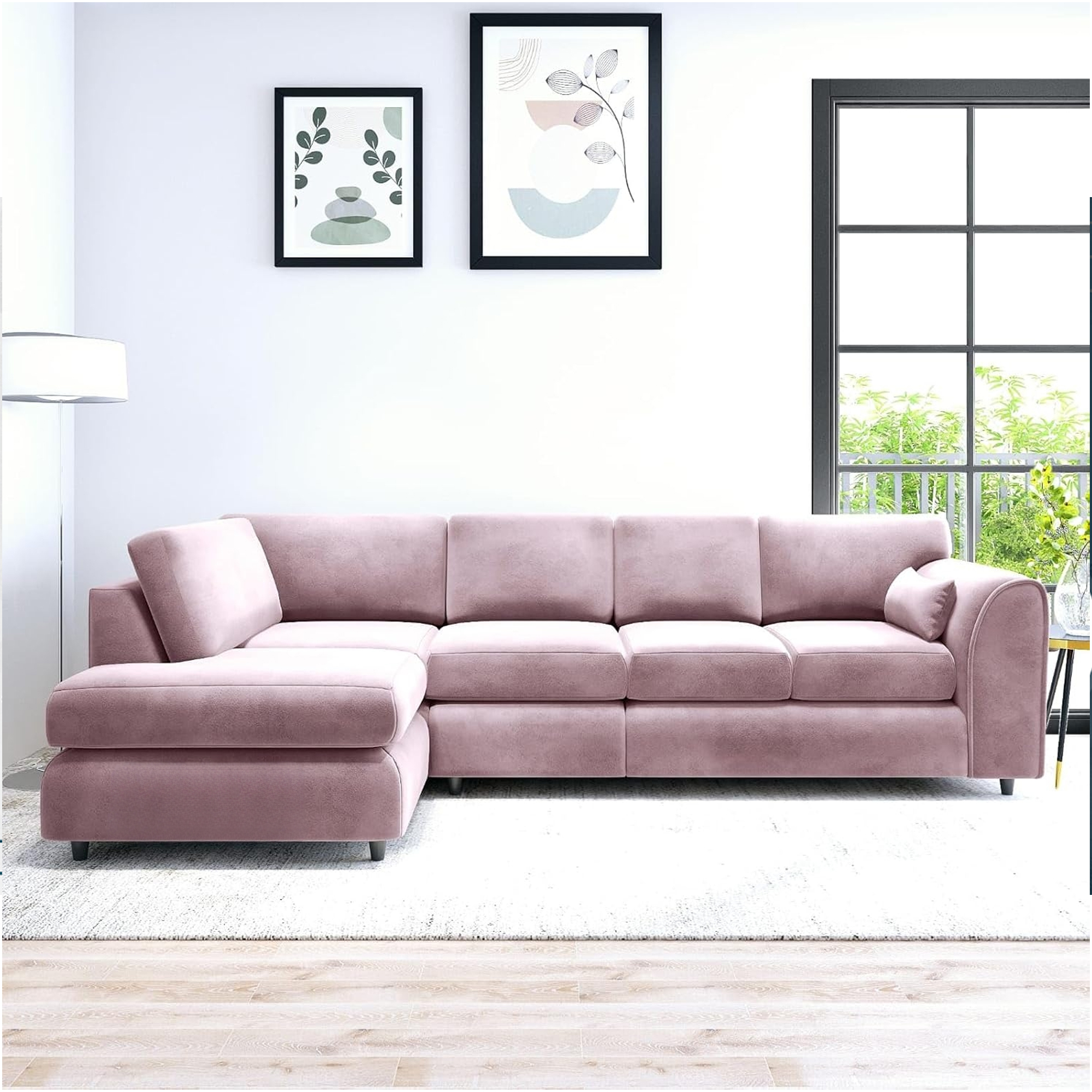 DELANO Plush Velvet Large 5 Seater Fullback Corner Sofa - L Shaped - Left Hand Facing - Pink