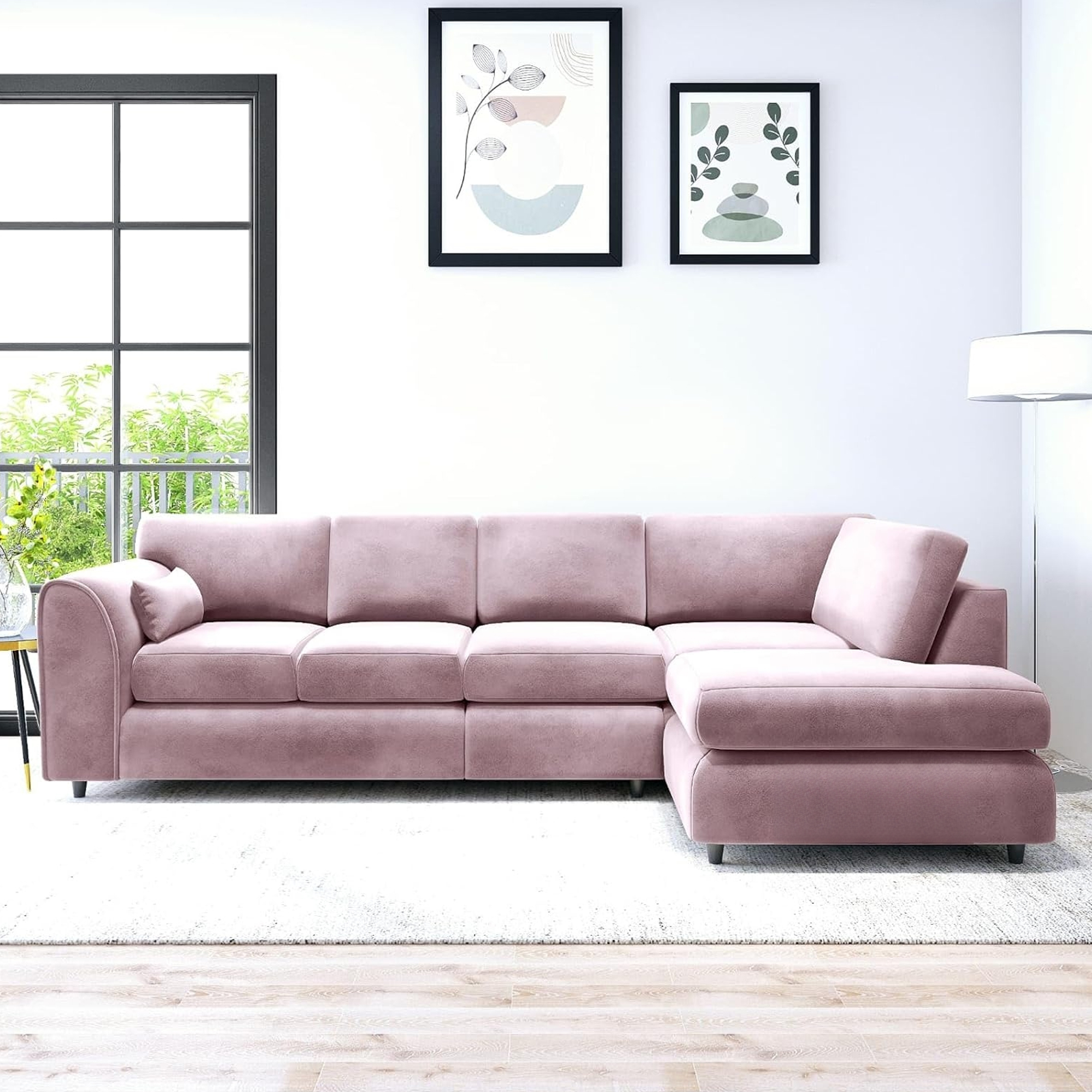 DELANO Plush Velvet Large 5 Seater Fullback Corner Sofa - L Shaped - Right Hand Facing - Pink