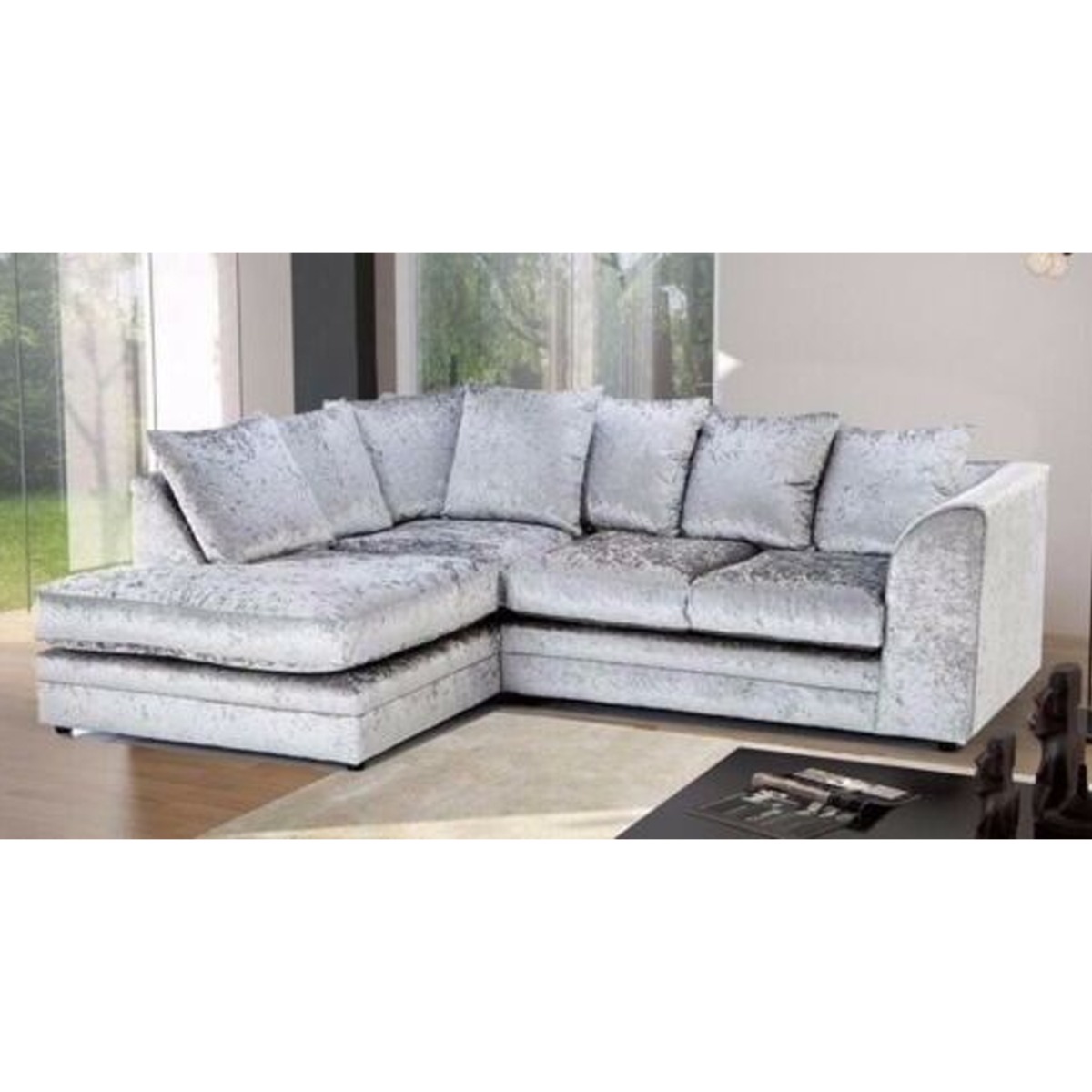 MOUNI Crushed Velvet 4 Seater Corner Sofa - L Shaped - Left Hand Facing - Silver