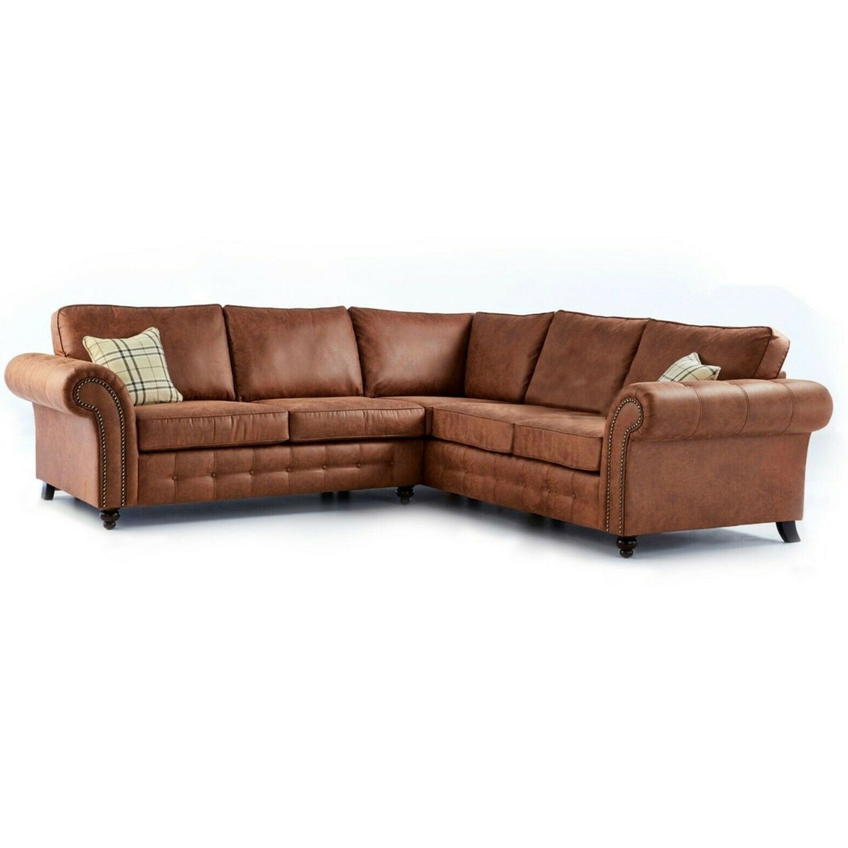 OAKLAND Leather Large 5 Seater Fullback Corner Sofa - L Shaped - Brown