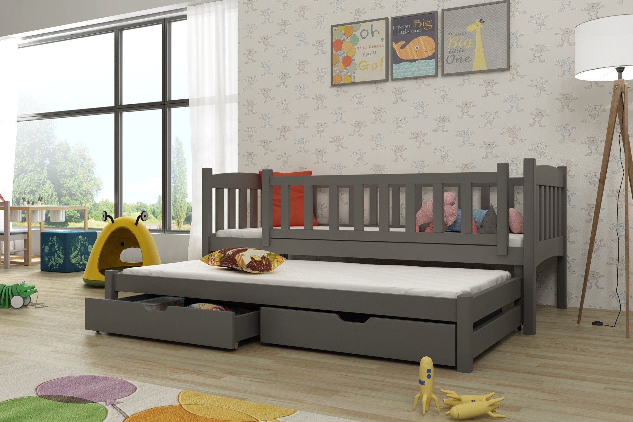 MALAIKA 2 Drawers Storage Wooden Double Bed with Trundle and Foam Mattress - Graphite