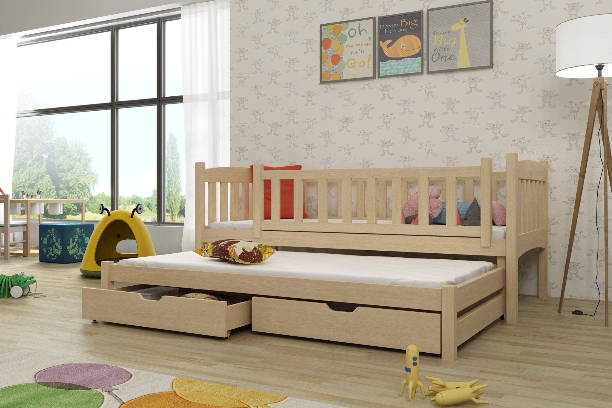 MALAIKA 2 Drawers Storage Wooden Double Bed with Trundle and Foam Mattress - Pine