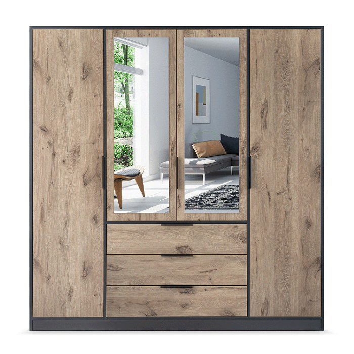 BELLVYN 4 Door Mirrored Wardrobe with 3 Drawers Black with Oak - 196cm