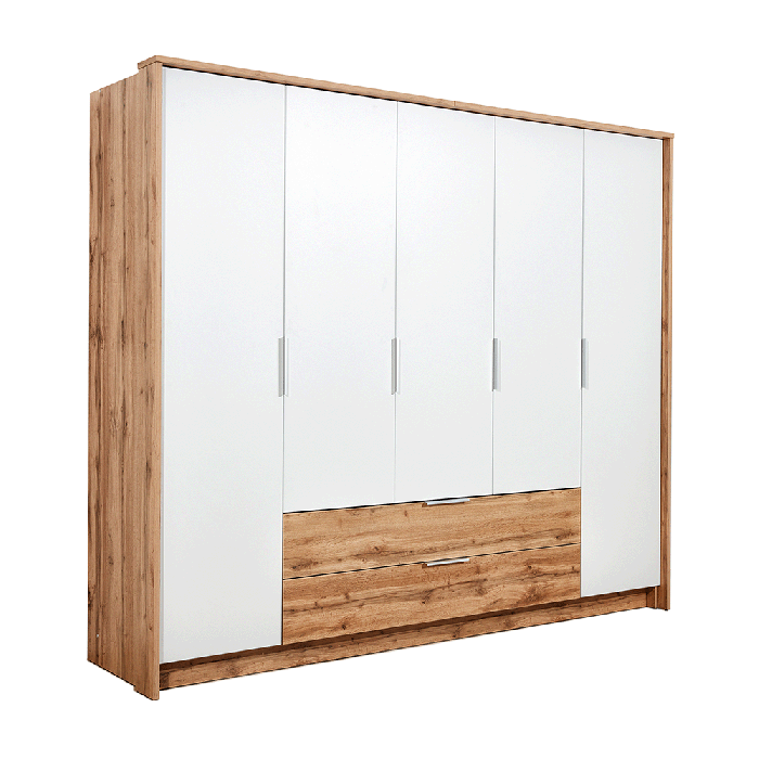 MARVELLO 5 Door Wardrobe with 2 Drawers Oak with White - 255cm