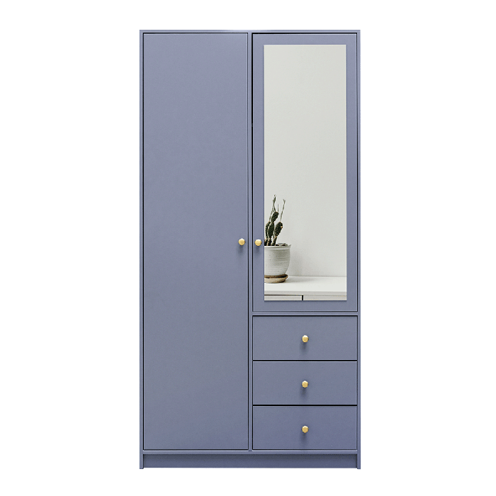 ELVIRO 2 Door Mirrored Wardrobe with 3 Drawers Light Blue - 100cm