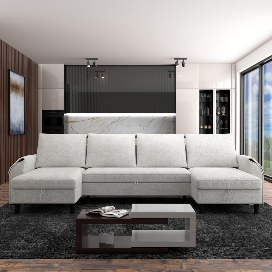 STOCKBURY Fabric 4 Seater U Shaped Corner Sofa Bed - Light Grey